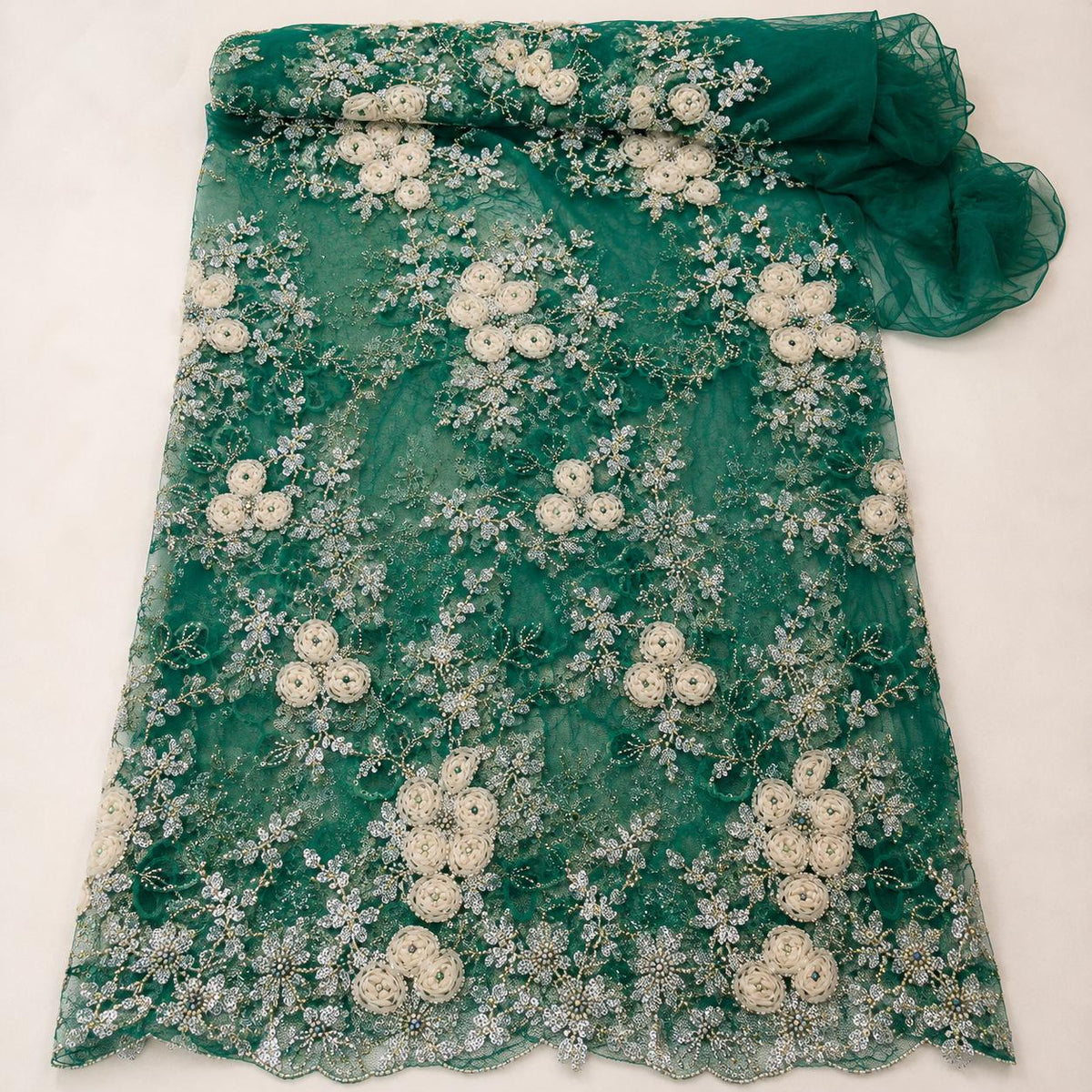 Emerald Green 3D Floral Beaded Lace Fabric, Ivory Ribbon Flower Embroidery Tulle, Luxury Mother of Bride Dress Fabric By Yard