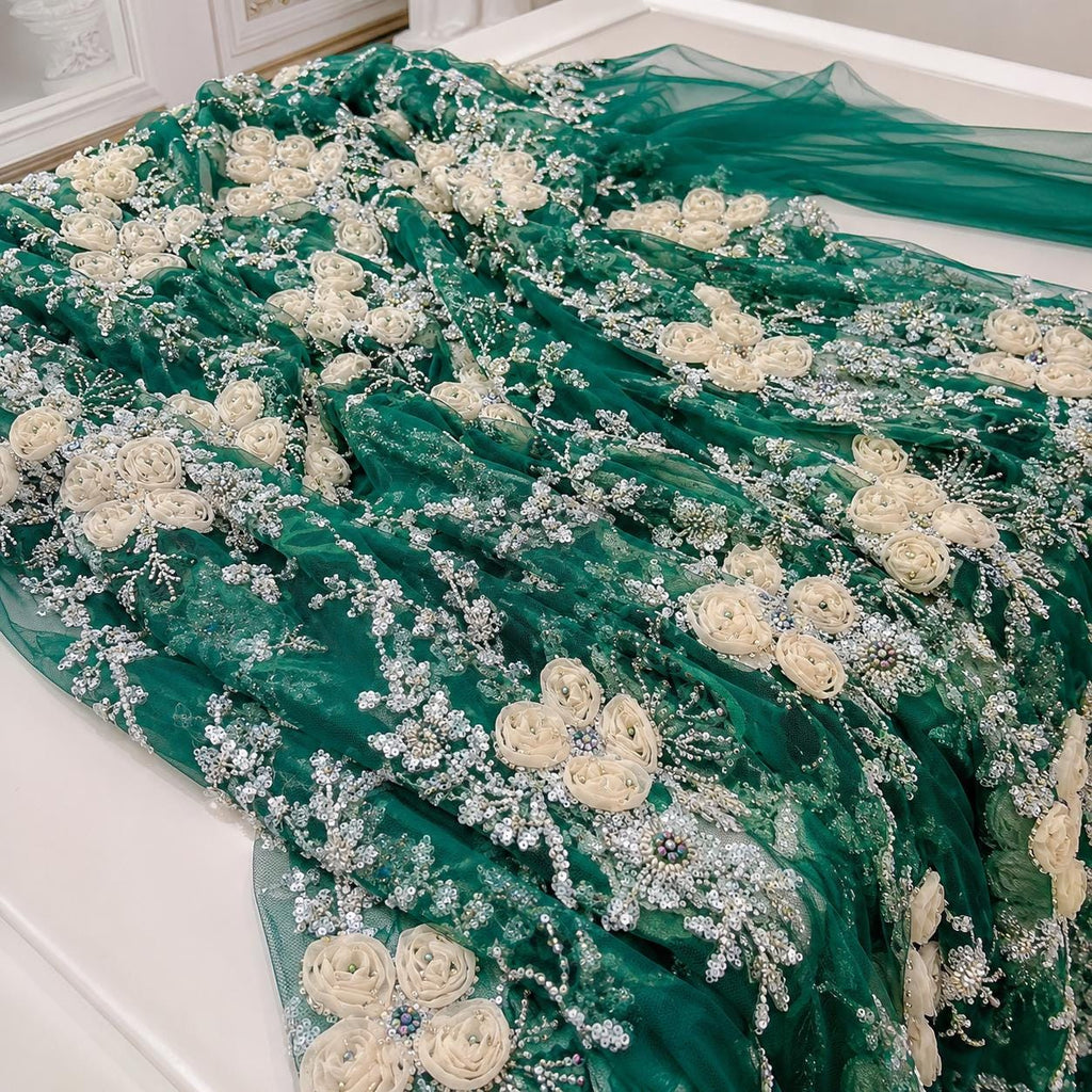 Emerald Green 3D Floral Beaded Lace Fabric, Ivory Ribbon Flower Embroidery Tulle, Luxury Mother of Bride Dress Fabric By Yard