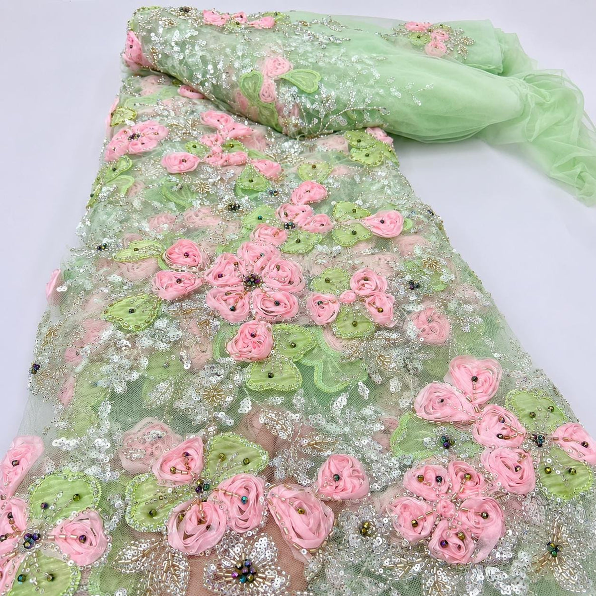 Mint Green 3D Floral Beaded Lace Fabric, Pink Ribbon Flower Embroidery Tulle, Luxury Bridal Prom Dress Fabric By Yard