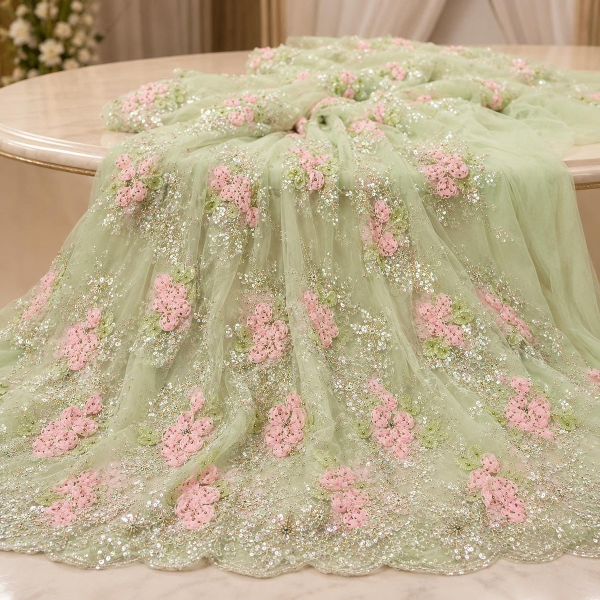 Mint Green 3D Floral Beaded Lace Fabric, Pink Ribbon Flower Embroidery Tulle, Luxury Bridal Prom Dress Fabric By Yard