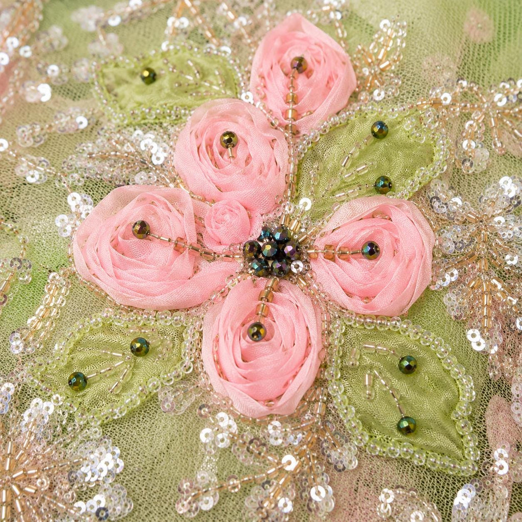 Mint Green 3D Floral Beaded Lace Fabric, Pink Ribbon Flower Embroidery Tulle, Luxury Bridal Prom Dress Fabric By Yard