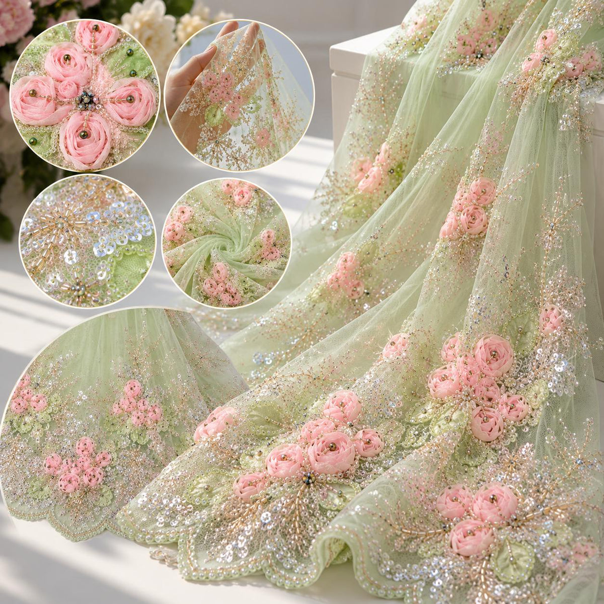 Mint Green 3D Floral Beaded Lace Fabric, Pink Ribbon Flower Embroidery Tulle, Luxury Bridal Prom Dress Fabric By Yard