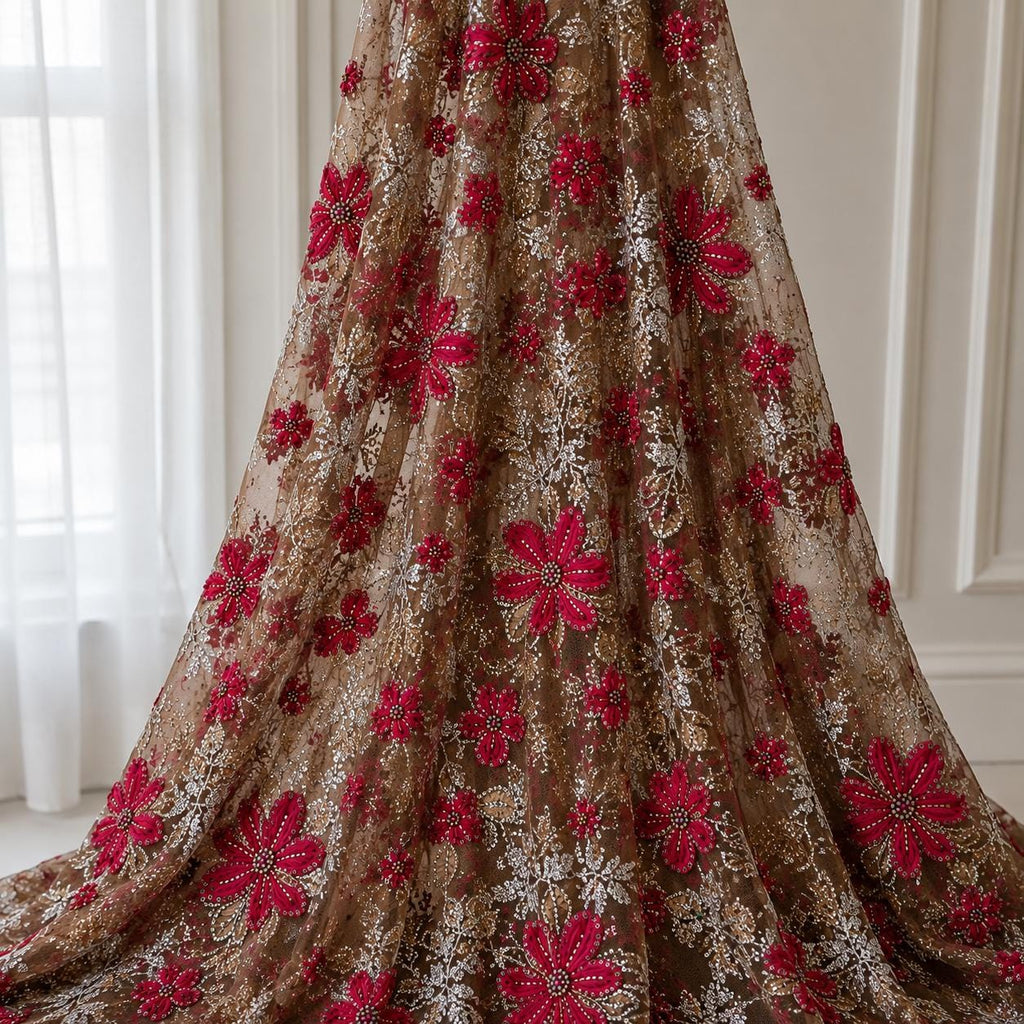 Brown 3D Floral Beaded Lace Fabric, Raspberry Red Ribbon Flower Embroidery Tulle, Luxury Couture Evening Gown Fabric By Yard