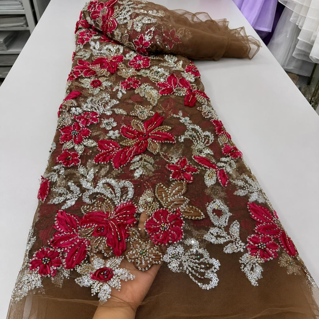 Brown 3D Floral Beaded Lace Fabric, Raspberry Red Ribbon Flower Embroidery Tulle, Luxury Couture Evening Gown Fabric By Yard