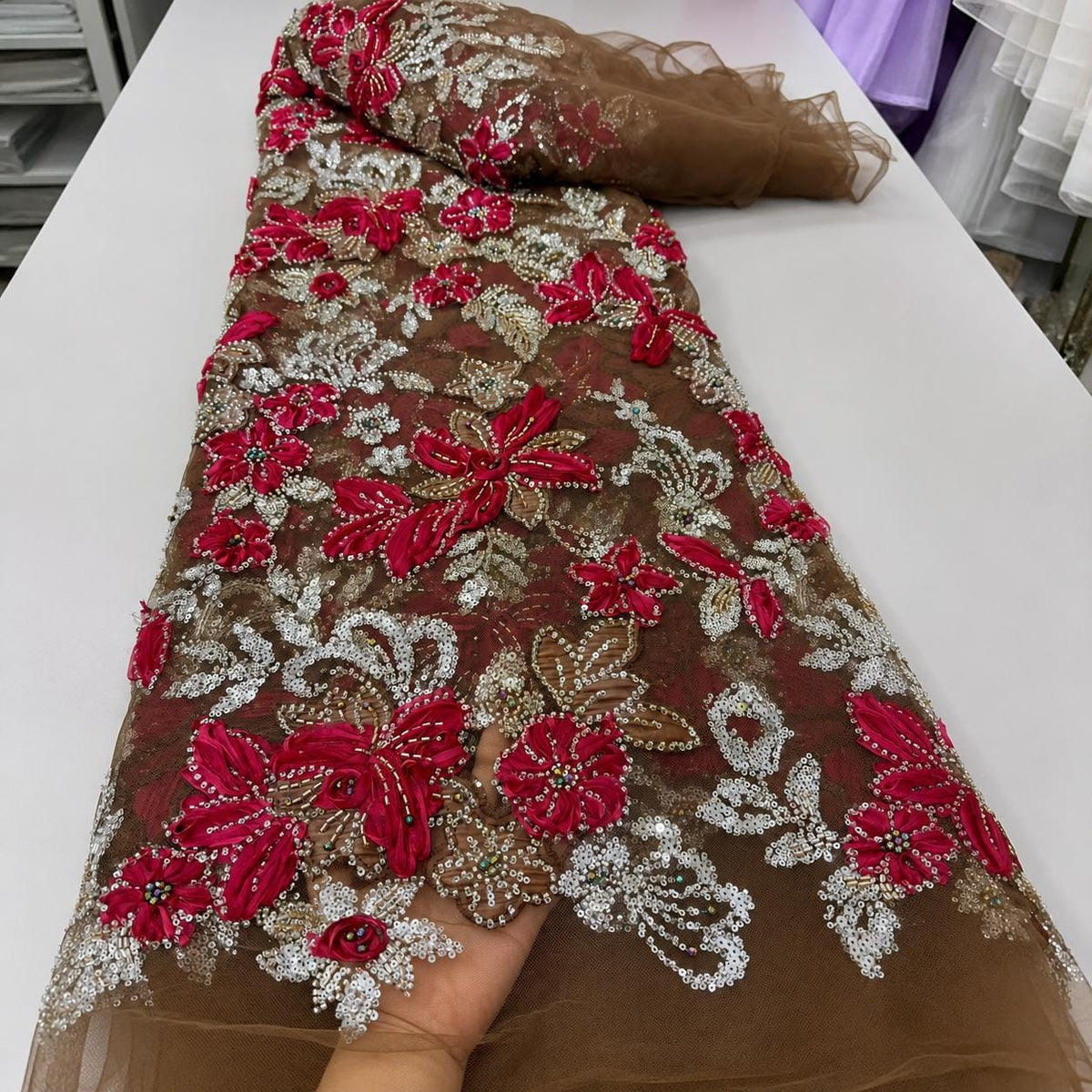 Brown 3D Floral Beaded Lace Fabric, Raspberry Red Ribbon Flower Embroidery Tulle, Luxury Couture Evening Gown Fabric By Yard