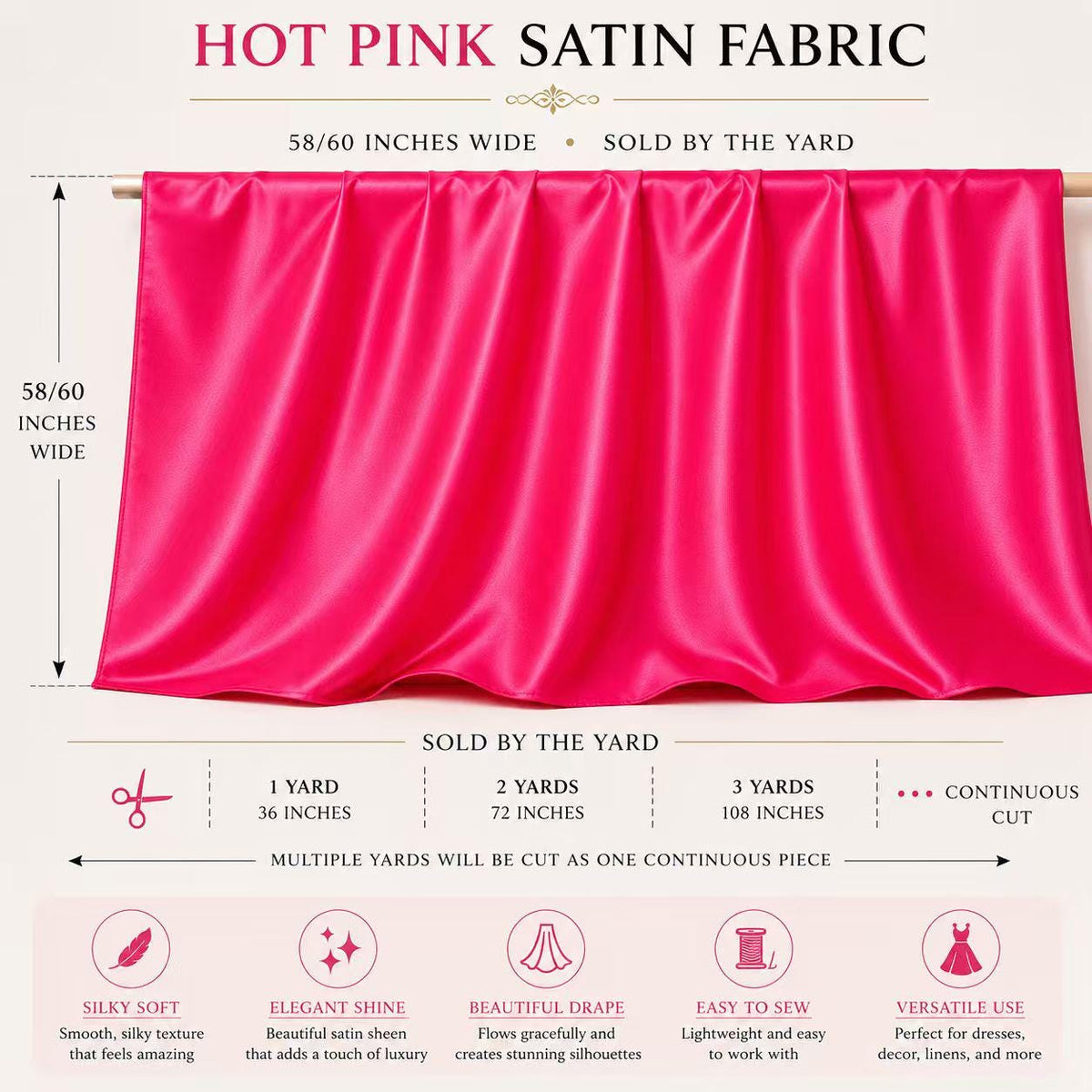 Hot Pink Satin Fabric by the Yard, Luxury Satin Material, Prom Dress Fabric, Barbie Pink Fabric,Gown Fabric, Event Decor Fabric, 58/60