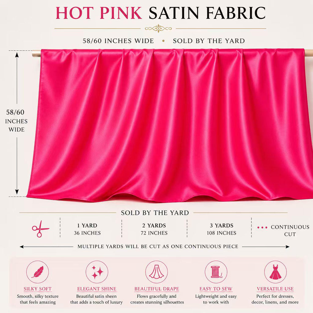 Hot Pink Satin Fabric by the Yard, Luxury Satin Material, Prom Dress Fabric, Barbie Pink Fabric,Gown Fabric, Event Decor Fabric, 58/60