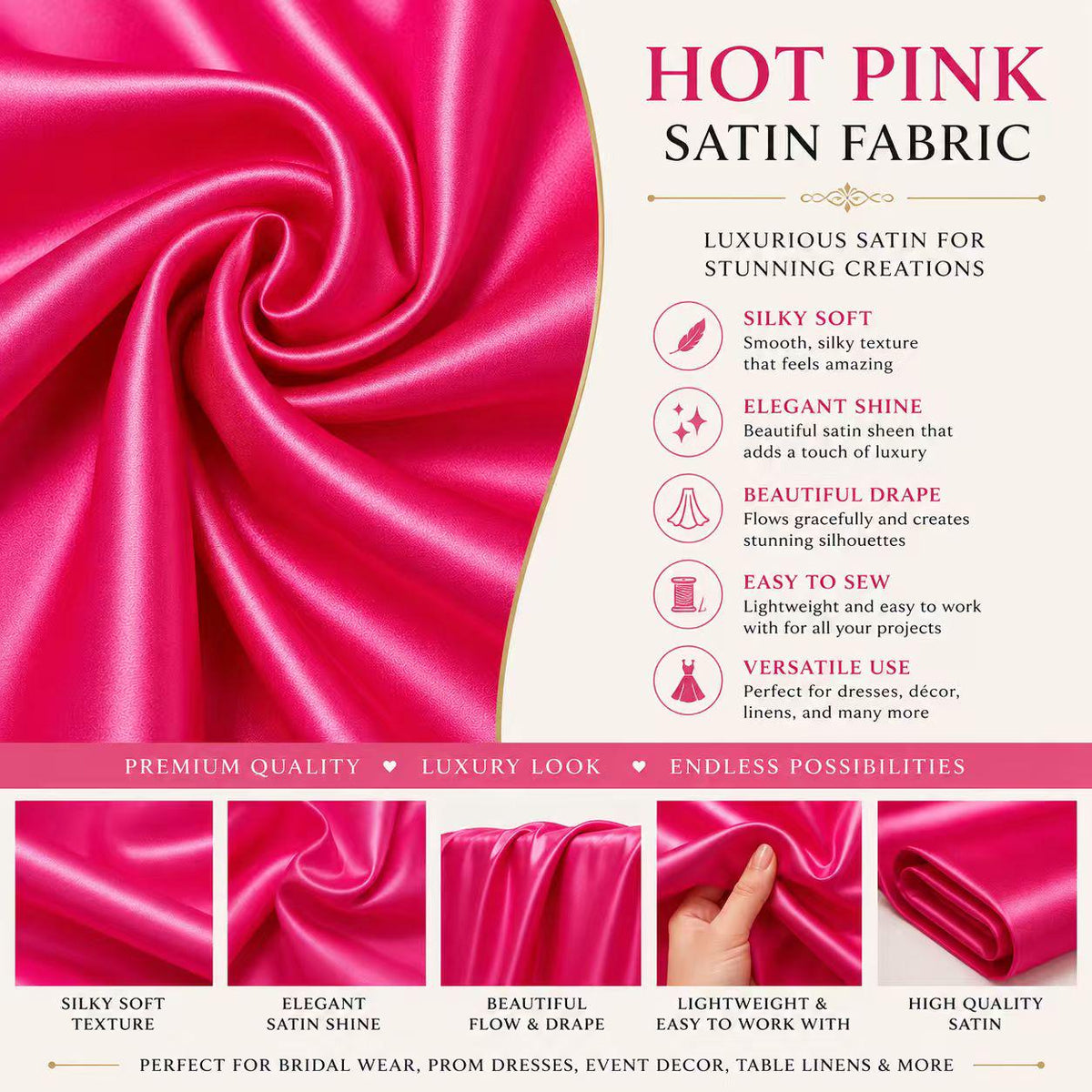 Hot Pink Satin Fabric by the Yard, Luxury Satin Material, Prom Dress Fabric, Barbie Pink Fabric,Gown Fabric, Event Decor Fabric, 58/60