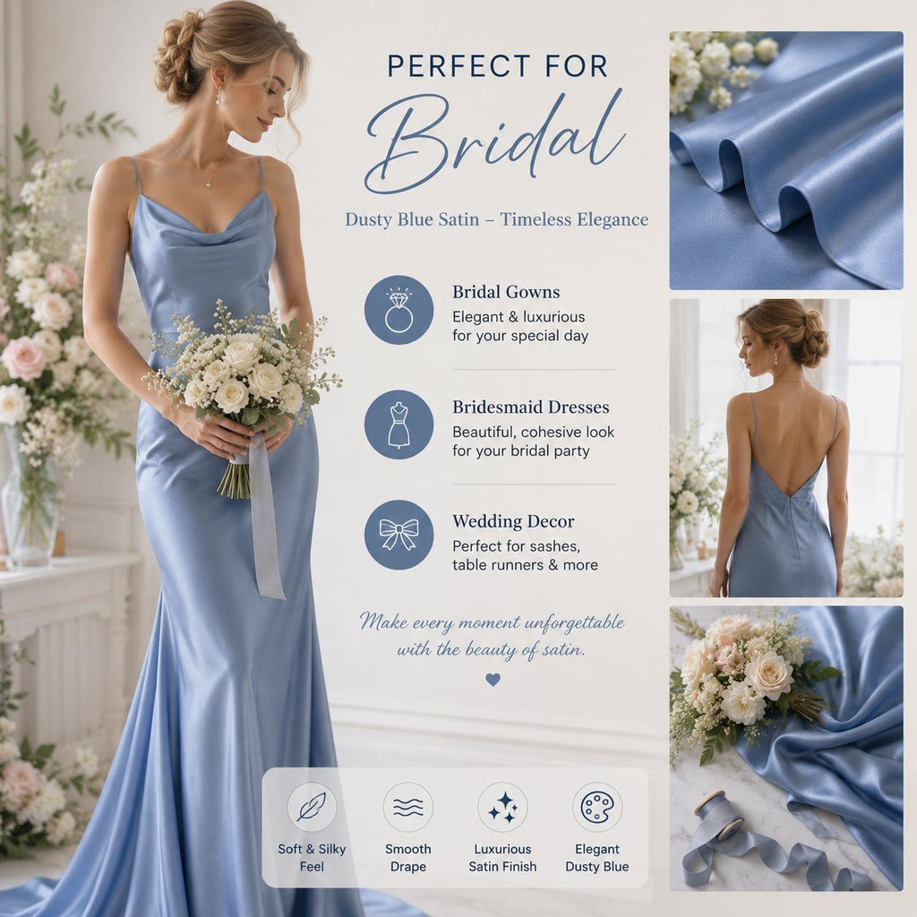 Dusty Blue Satin Fabric by the Yard, Luxury Silky Satin Material,Å Draping Bridal Fabric, Bridesmaid Dress Fabric, Prom Gown Fabric, 58/60