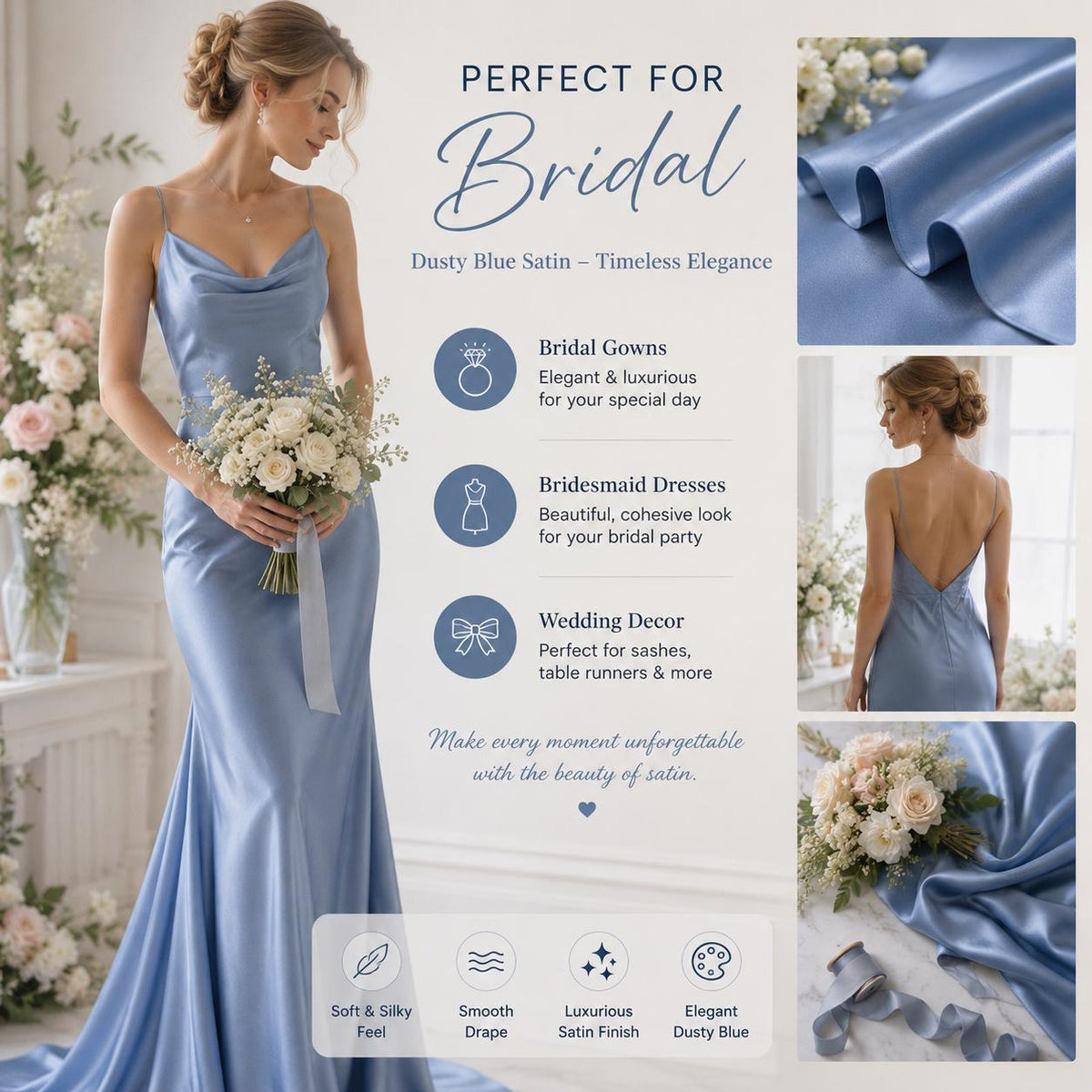 Dusty Blue Satin Fabric by the Yard, Luxury Silky Satin Material,Å Draping Bridal Fabric, Bridesmaid Dress Fabric, Prom Gown Fabric, 58/60