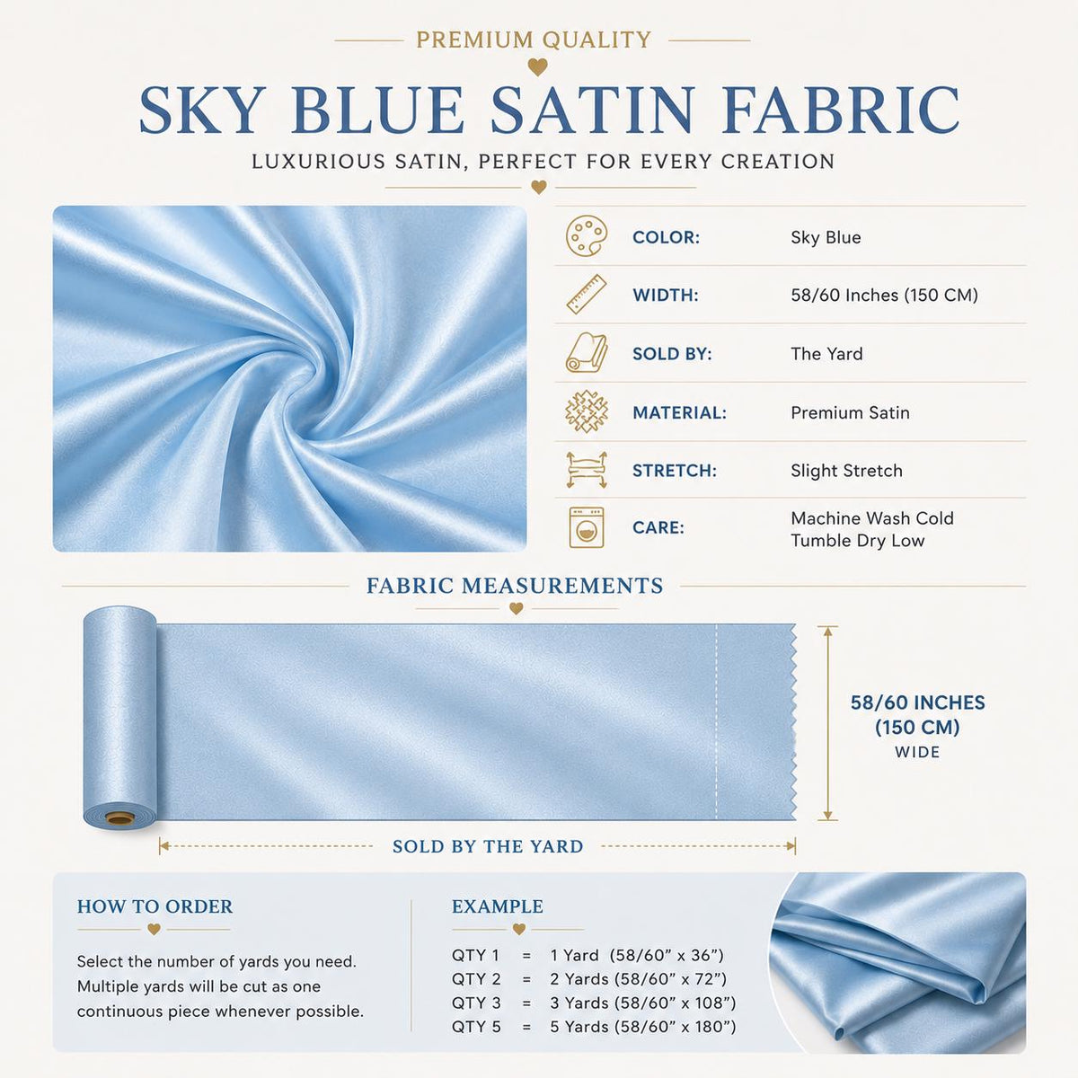 Sky Blue Satin Fabric by the Yard