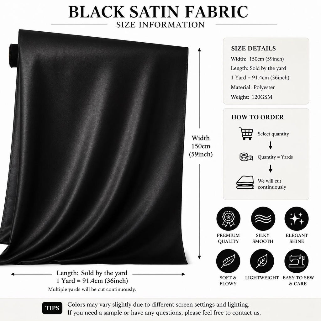 Black Satin Fabric by the Yard, Stretch Satin Fabric, Silky Dress Fabric, Prom Gown Material, Wedding & Evening Wear Fabric, 58/60 Inch Wide