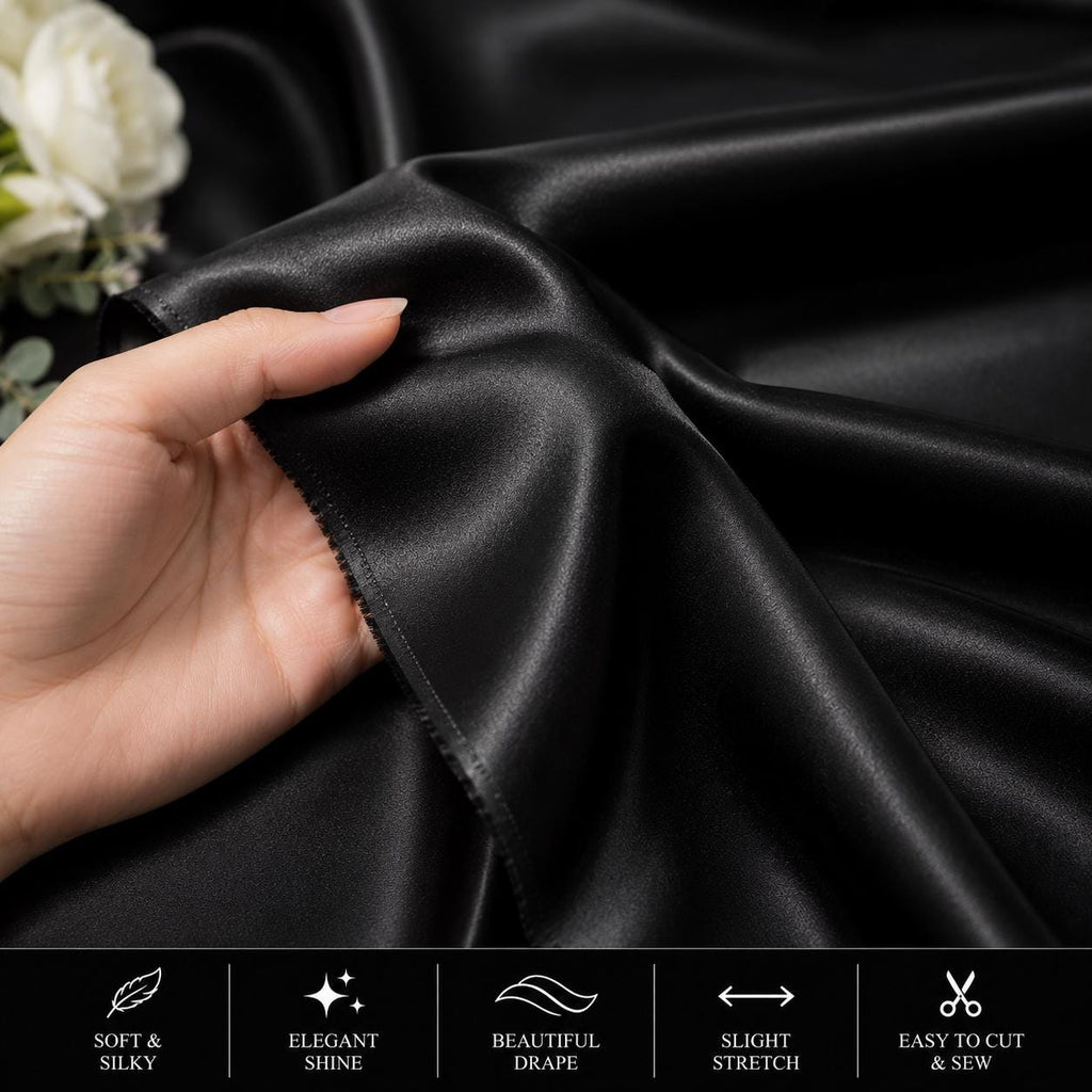 Black Satin Fabric by the Yard, Stretch Satin Fabric, Silky Dress Fabric, Prom Gown Material, Wedding & Evening Wear Fabric, 58/60 Inch Wide