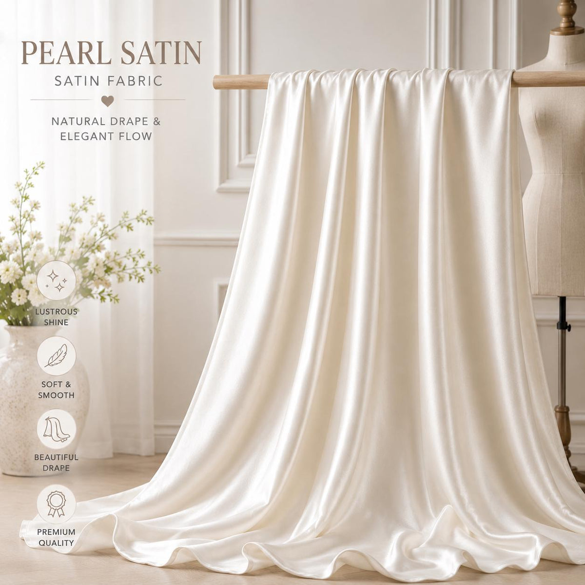 Pearl Satin Fabric by the Yard, Bridal Satin Fabric, Wedding Dress Fabric,Luxury Satin for Gowns, Tablecloth Fabric, 58/60 Inch Wide