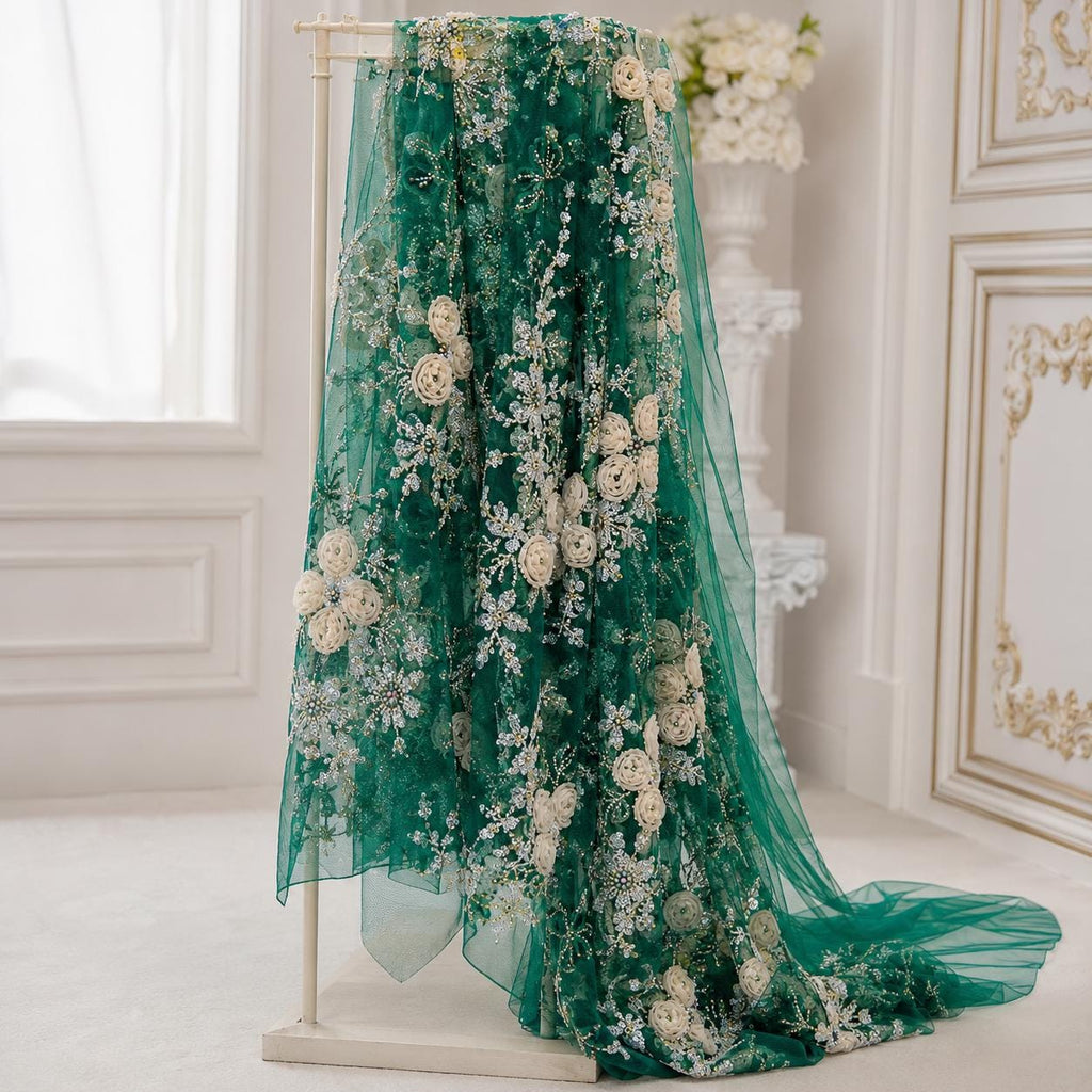 Emerald Green 3D Floral Beaded Lace Fabric, Ivory Ribbon Flower Embroidery Tulle, Luxury Mother of Bride Dress Fabric By Yard