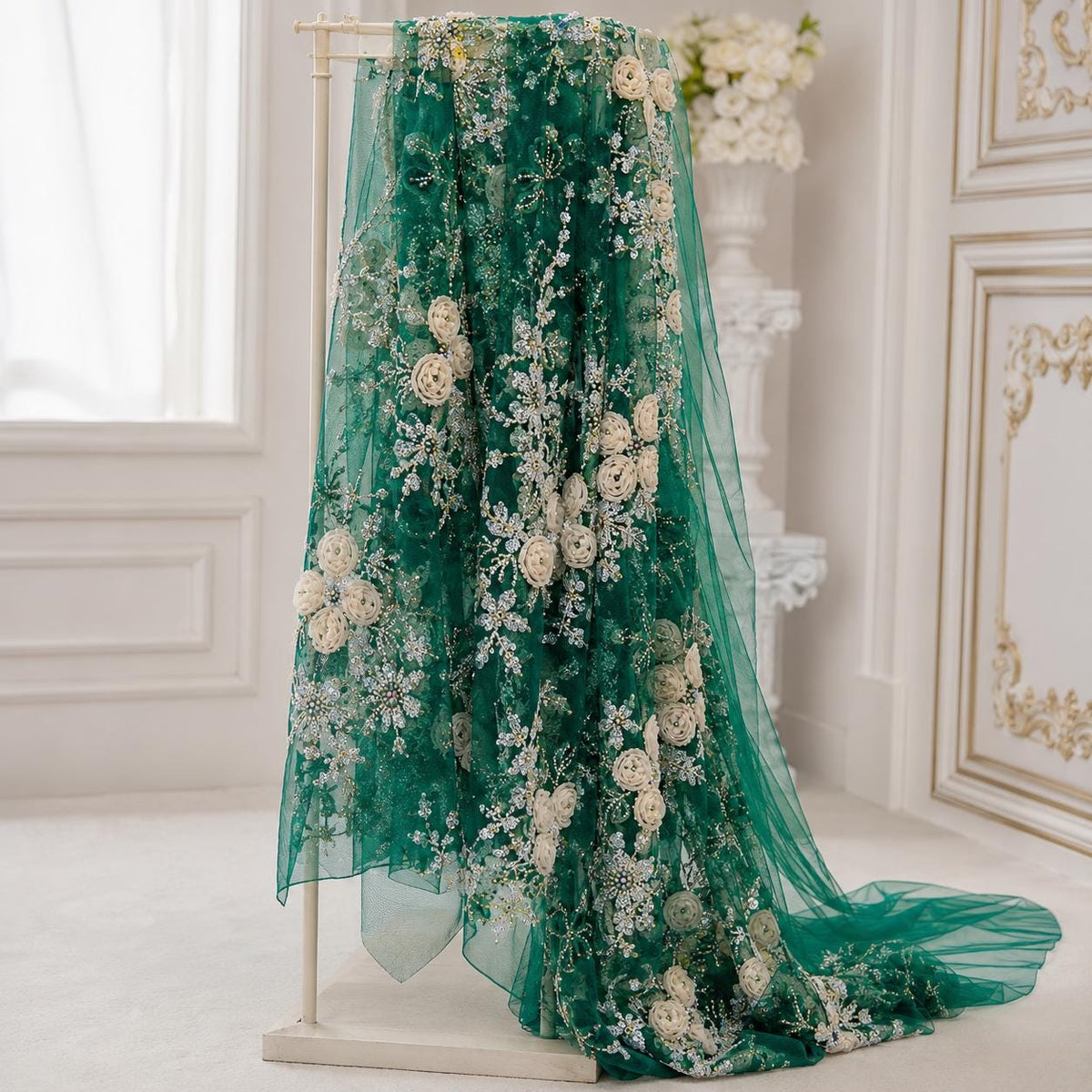 Emerald Green 3D Floral Beaded Lace Fabric, Ivory Ribbon Flower Embroidery Tulle, Luxury Mother of Bride Dress Fabric By Yard