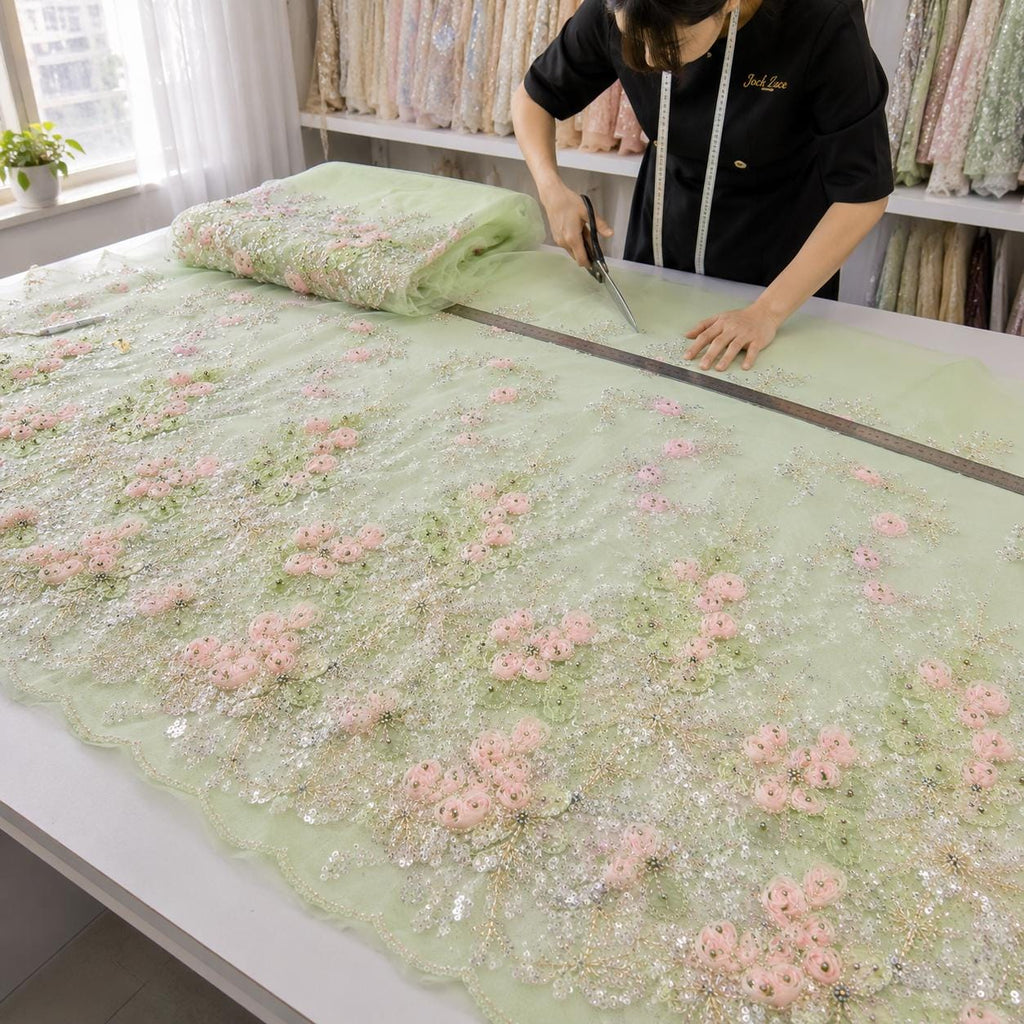 Mint Green 3D Floral Beaded Lace Fabric, Pink Ribbon Flower Embroidery Tulle, Luxury Bridal Prom Dress Fabric By Yard