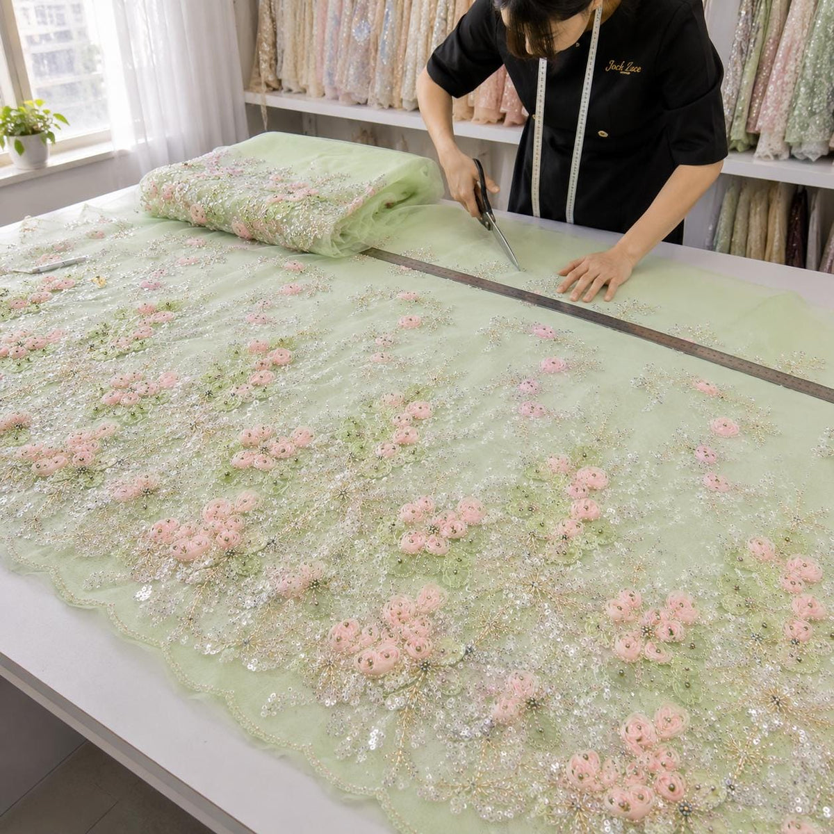 Mint Green 3D Floral Beaded Lace Fabric, Pink Ribbon Flower Embroidery Tulle, Luxury Bridal Prom Dress Fabric By Yard