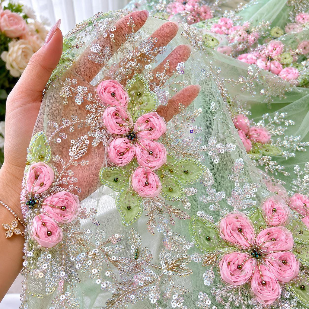Mint Green 3D Floral Beaded Lace Fabric, Pink Ribbon Flower Embroidery Tulle, Luxury Bridal Prom Dress Fabric By Yard