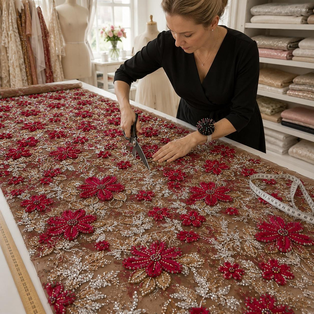 Brown 3D Floral Beaded Lace Fabric, Raspberry Red Ribbon Flower Embroidery Tulle, Luxury Couture Evening Gown Fabric By Yard