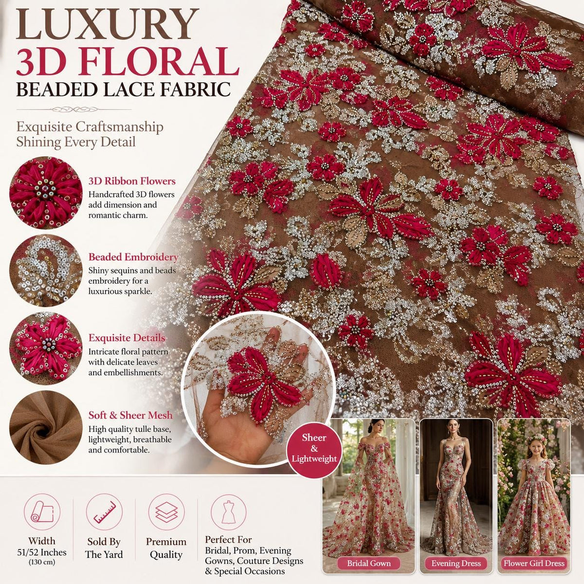Brown 3D Floral Beaded Lace Fabric, Raspberry Red Ribbon Flower Embroidery Tulle, Luxury Couture Evening Gown Fabric By Yard