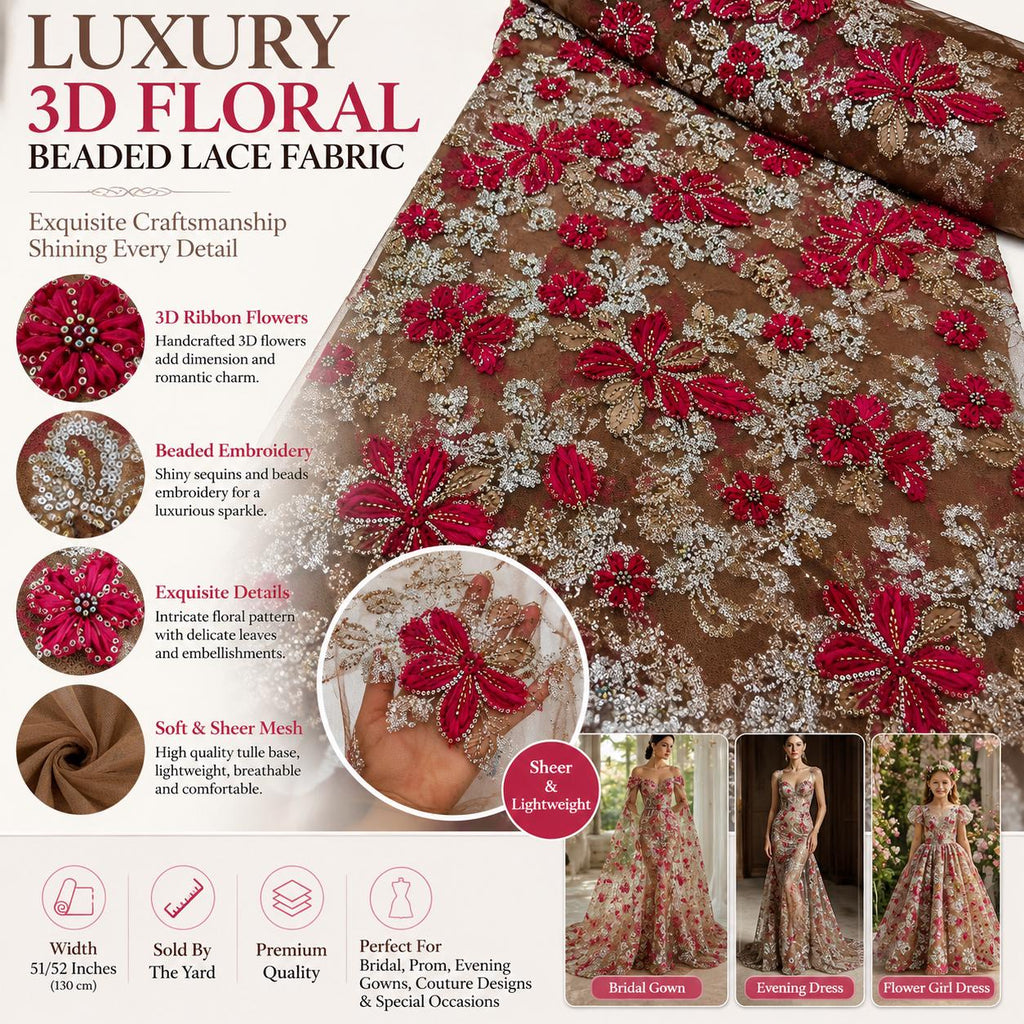 Brown 3D Floral Beaded Lace Fabric, Raspberry Red Ribbon Flower Embroidery Tulle, Luxury Couture Evening Gown Fabric By Yard