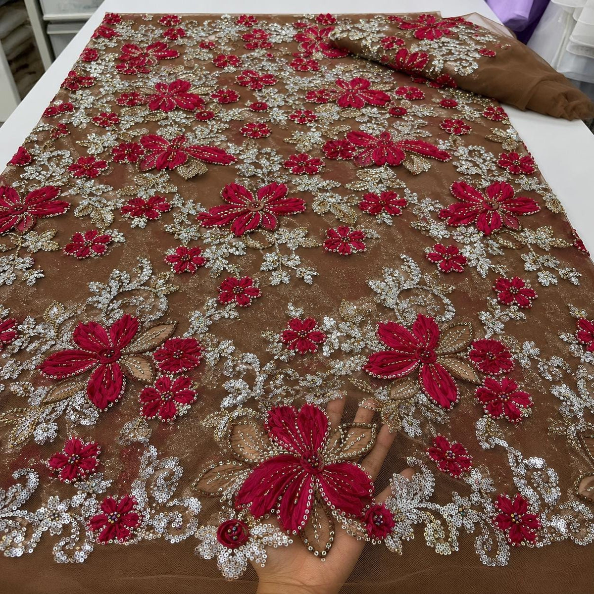 Brown 3D Floral Beaded Lace Fabric, Raspberry Red Ribbon Flower Embroidery Tulle, Luxury Couture Evening Gown Fabric By Yard