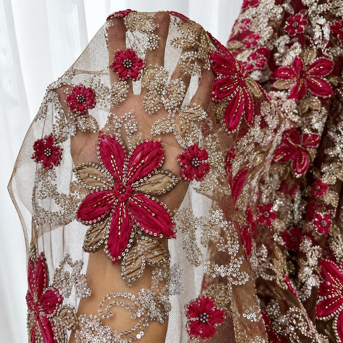 Brown 3D Floral Beaded Lace Fabric, Raspberry Red Ribbon Flower Embroidery Tulle, Luxury Couture Evening Gown Fabric By Yard