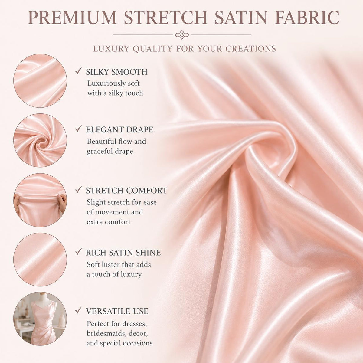 Blush Pink Satin Fabric by the Yard, Wedding Decor Fabric, Luxury Satin for Table Runners, Backdrops and Event Styling