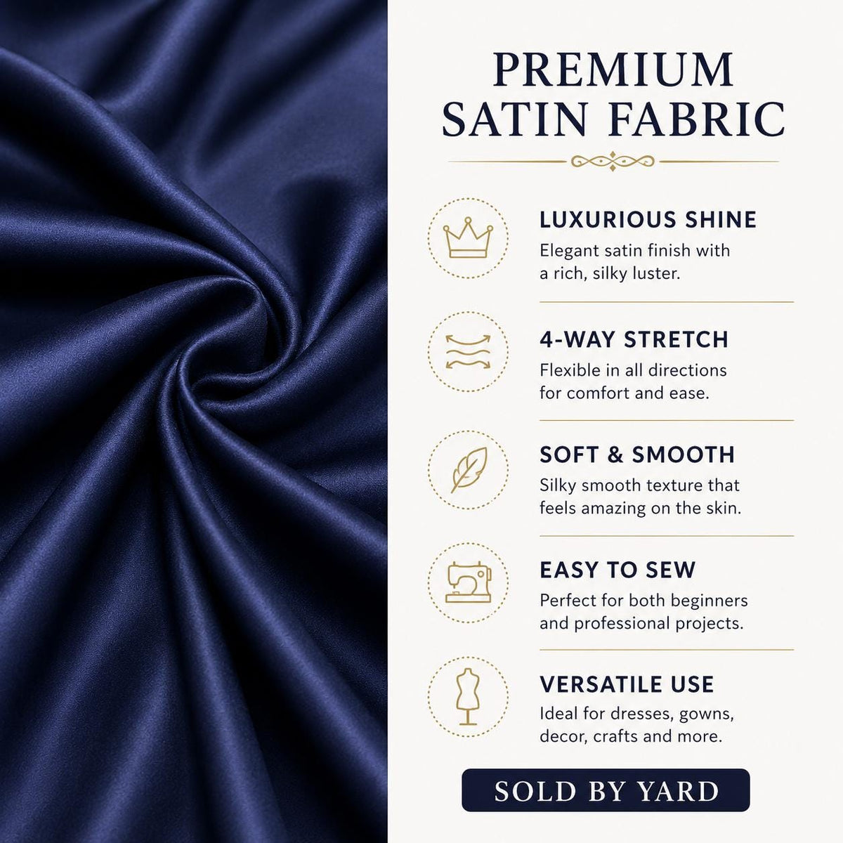 Navy Blue Stretch Satin Fabric by the Yard, Luxury Satin for Evening Gowns, Formal Dresses and Black Tie Events