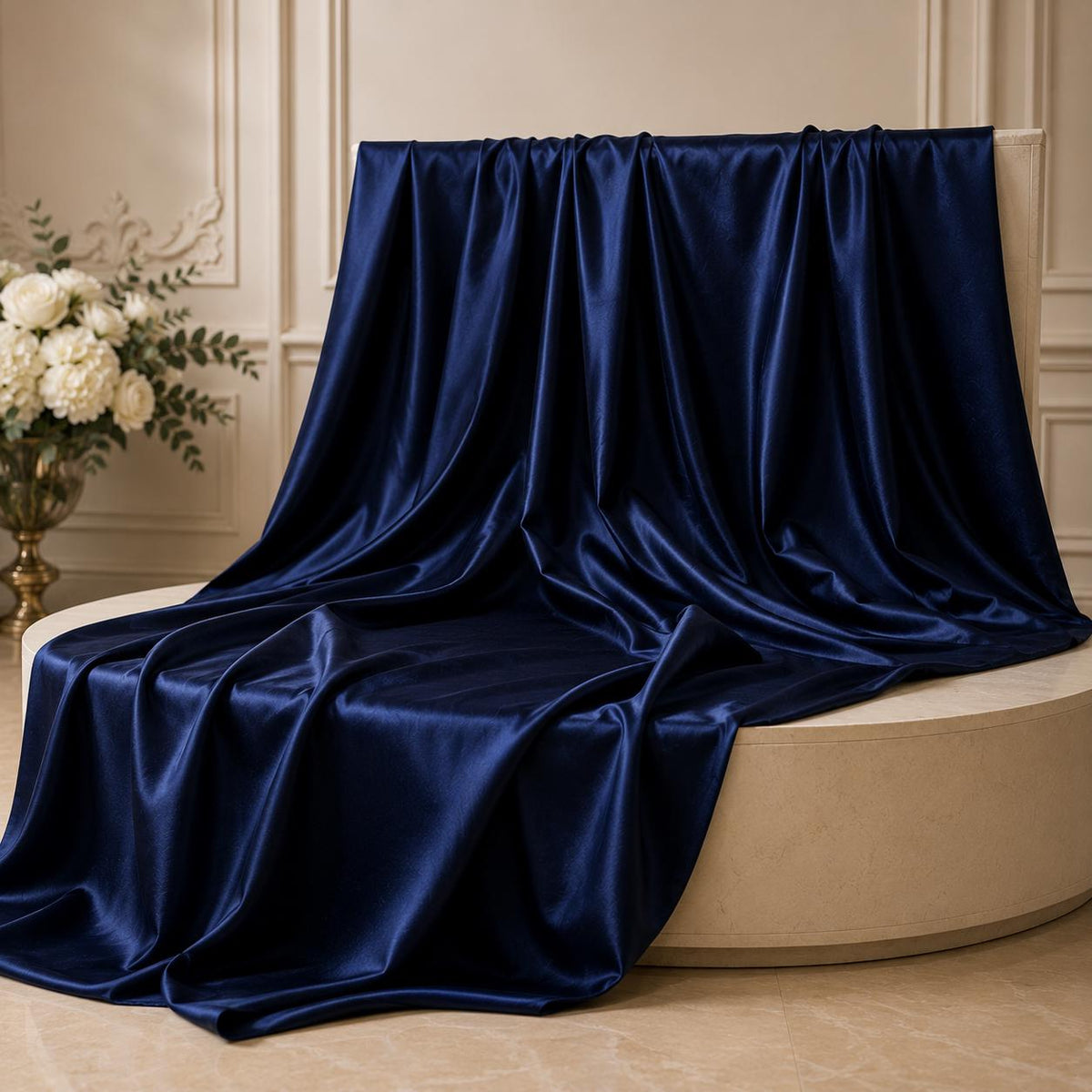 Navy Blue Stretch Satin Fabric by the Yard, Luxury Satin for Evening Gowns, Formal Dresses and Black Tie Events