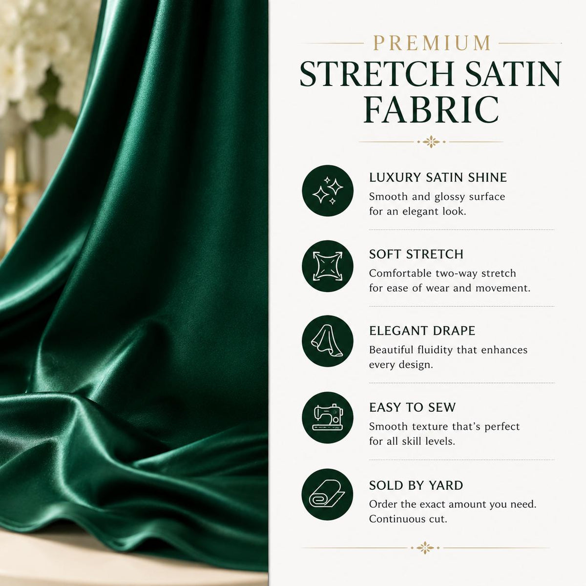 Emerald Green Satin Fabric by the Yard, Luxury Holiday Wedding Fabric for Winter Bridesmaids, Christmas Decor and Formal Events