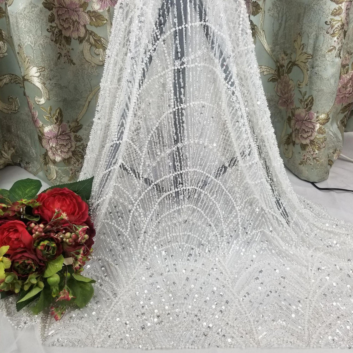 Luxury White Pearl Beaded Lace Fabric By The Yard, Art Deco Bridal Wedding Dress Fabric, Couture Sequin Embroidered Tulle Luxury Bridal Lace