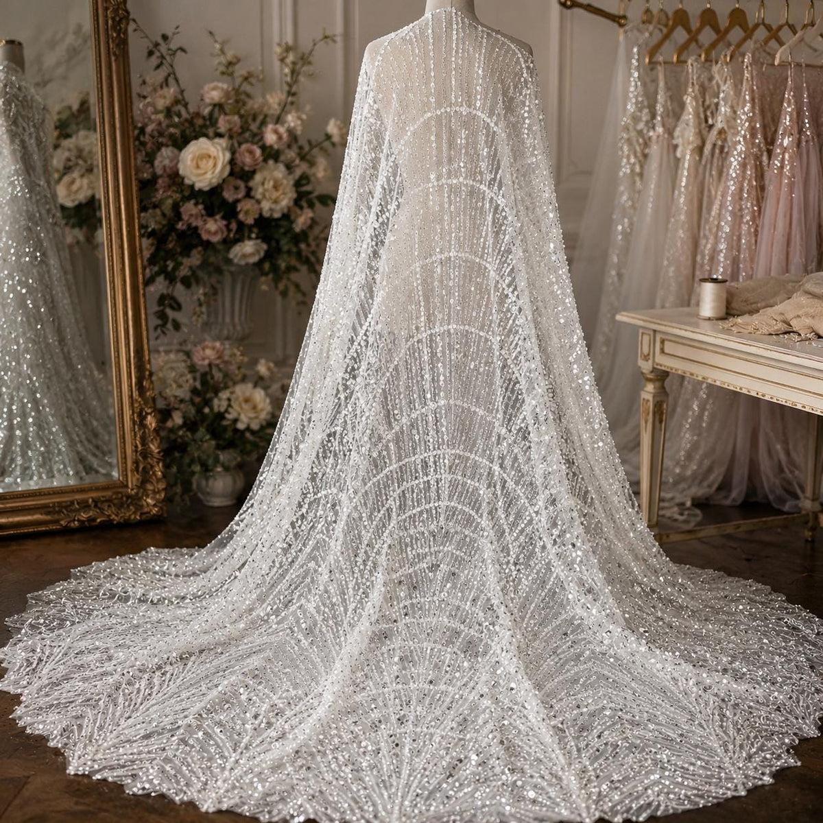 Luxury White Pearl Beaded Lace Fabric By The Yard, Art Deco Bridal Wedding Dress Fabric, Couture Sequin Embroidered Tulle Luxury Bridal Lace