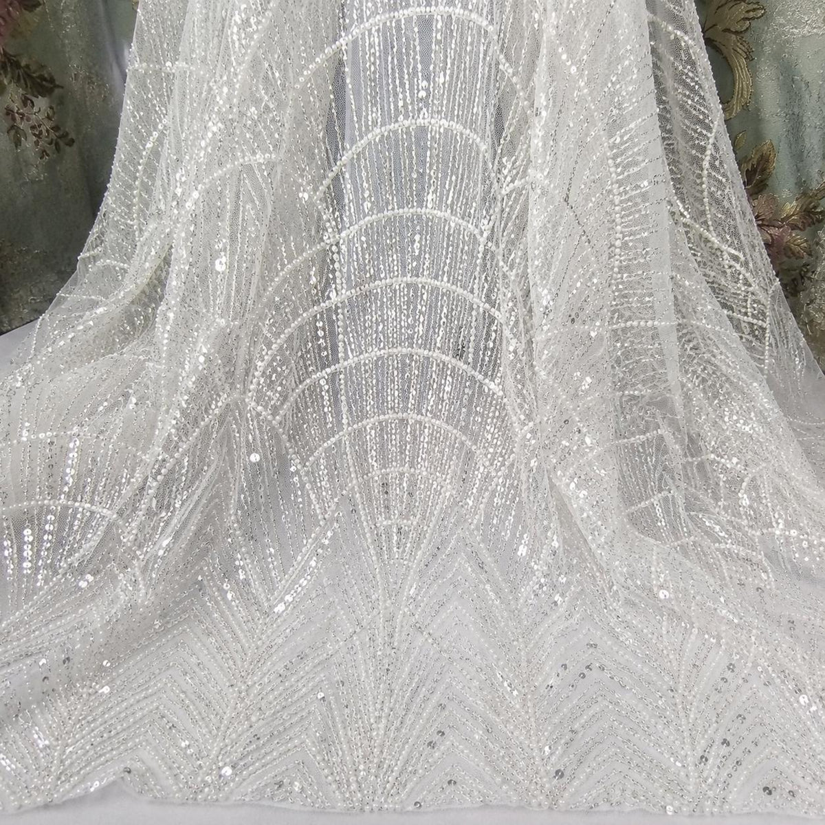Luxury White Pearl Beaded Lace Fabric By The Yard, Art Deco Bridal Wedding Dress Fabric, Couture Sequin Embroidered Tulle Luxury Bridal Lace