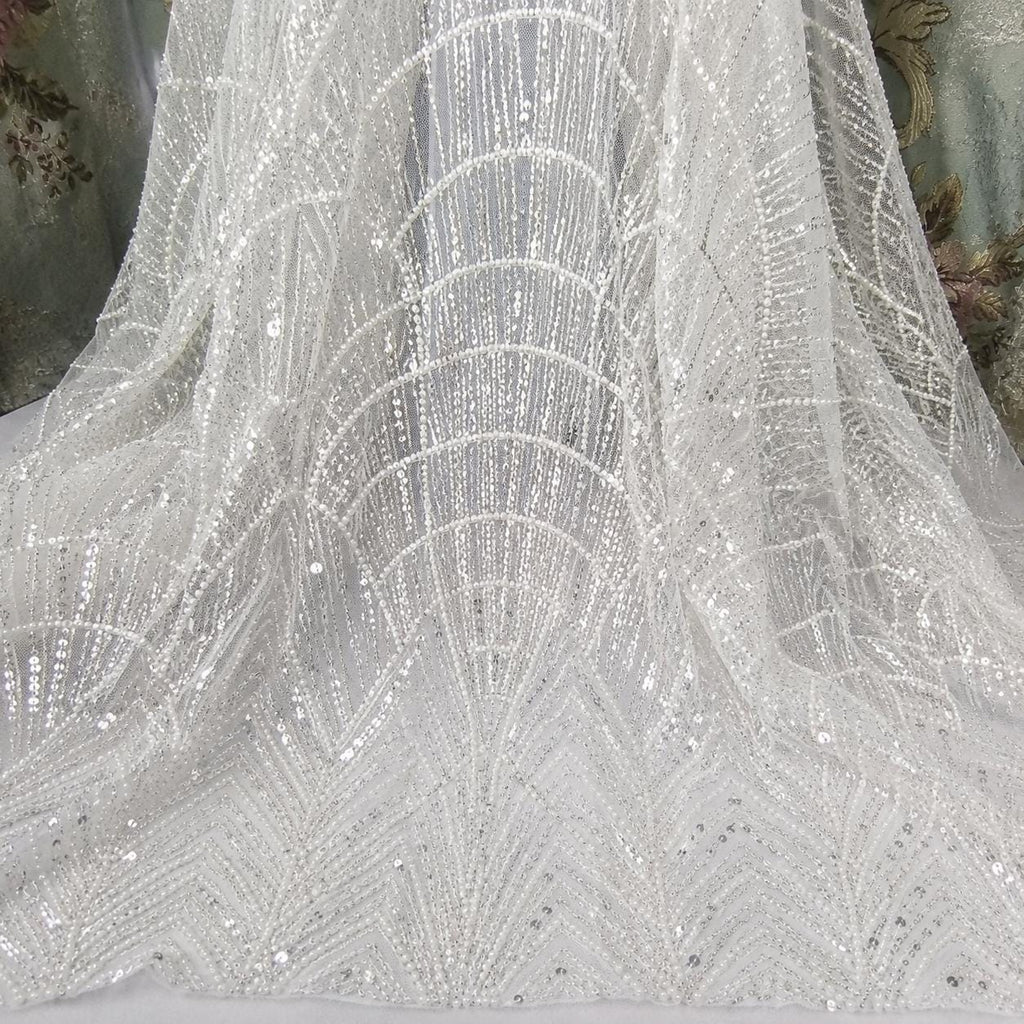 Luxury White Pearl Beaded Lace Fabric By The Yard, Art Deco Bridal Wedding Dress Fabric, Couture Sequin Embroidered Tulle Luxury Bridal Lace