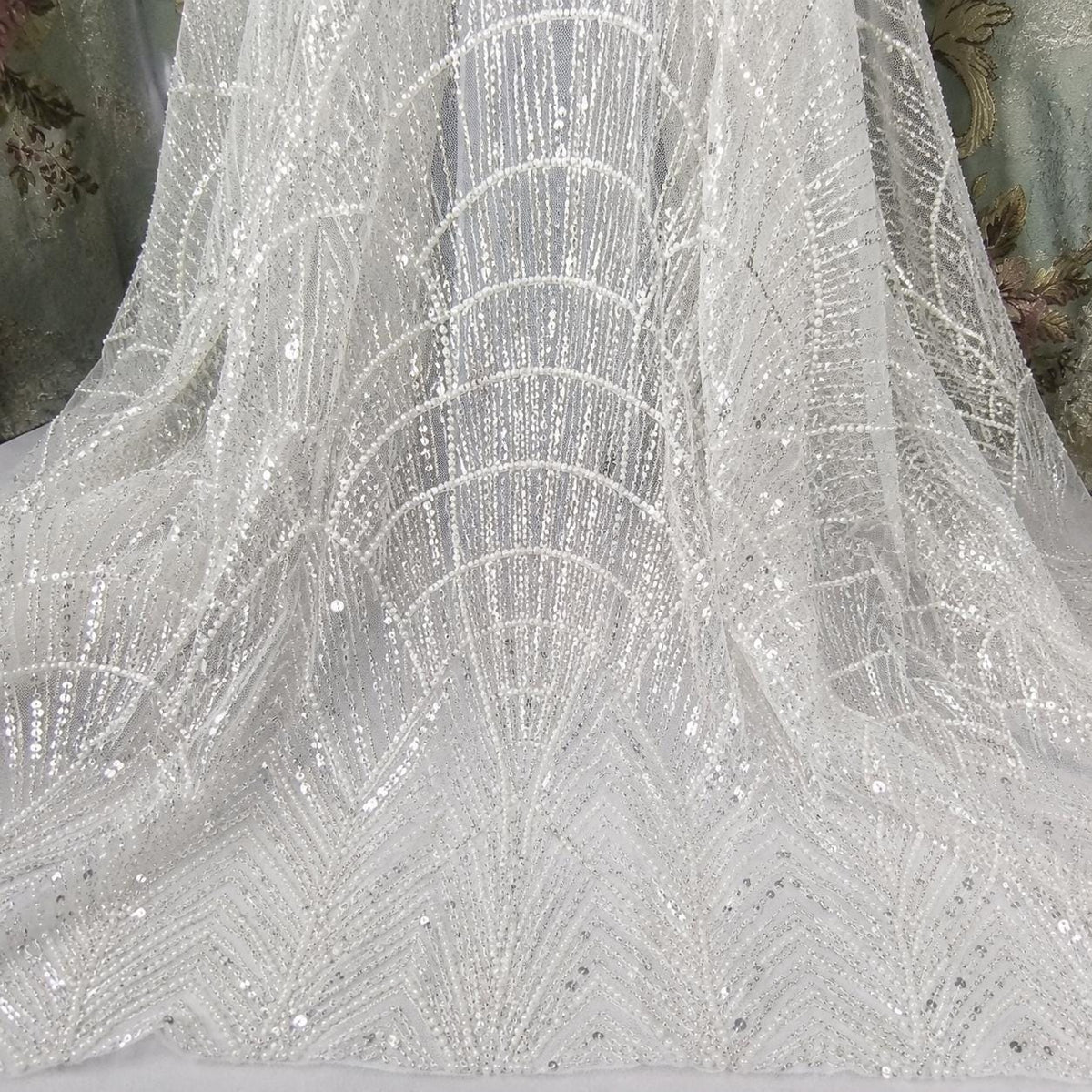 Luxury White Pearl Beaded Lace Fabric By The Yard, Art Deco Bridal Wedding Dress Fabric, Couture Sequin Embroidered Tulle Luxury Bridal Lace