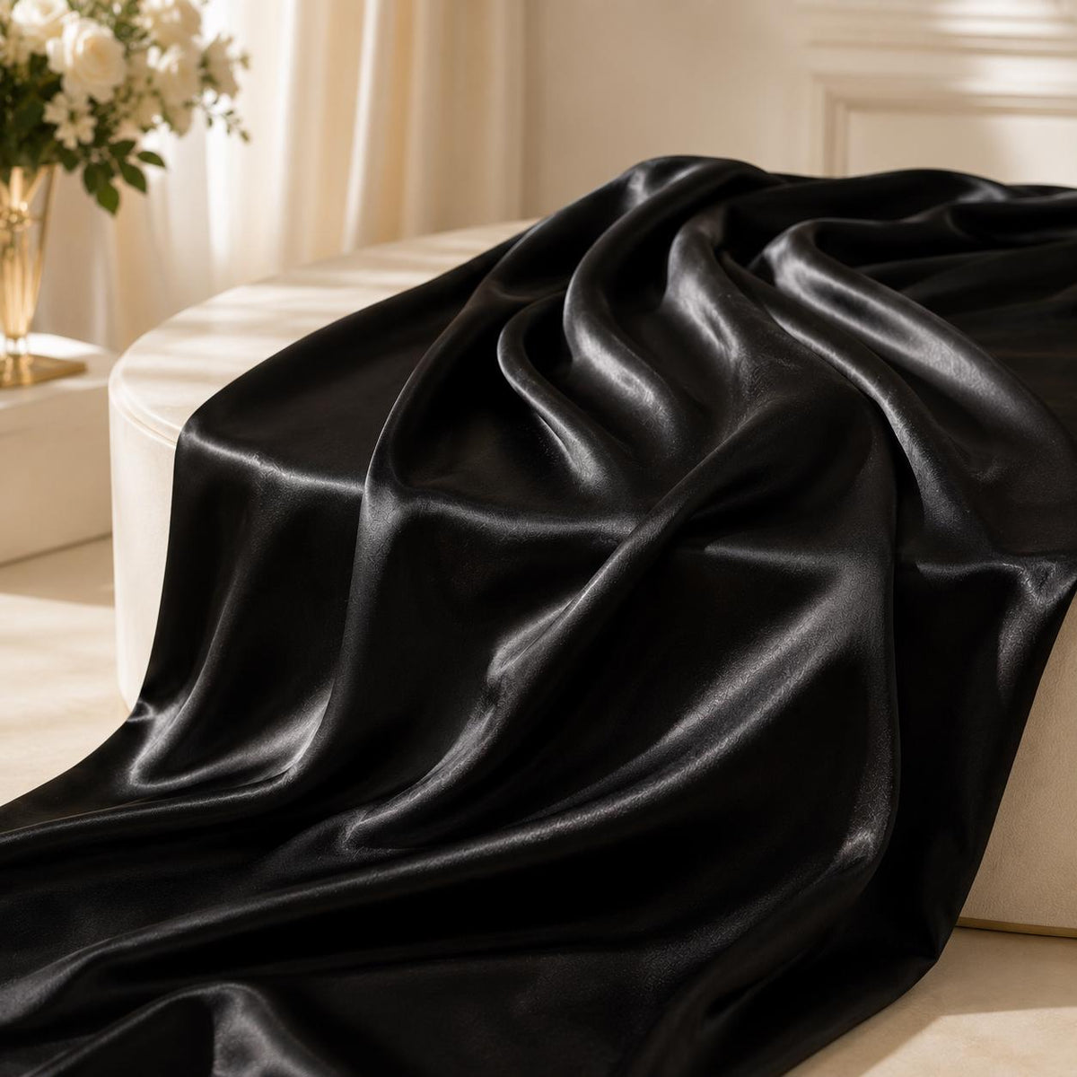 Black Stretch Satin Fabric by the Yard, Premium Satin Fabric for Prom Dresses, Pageant Gowns and Formal Wear