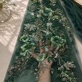 Emerald Green 3D Floral Beaded Tulle Fabric, Sequin Embroidered Lace Mesh, Luxury Bridal Wedding Dress Fabric by Yard, Couture Gown Material