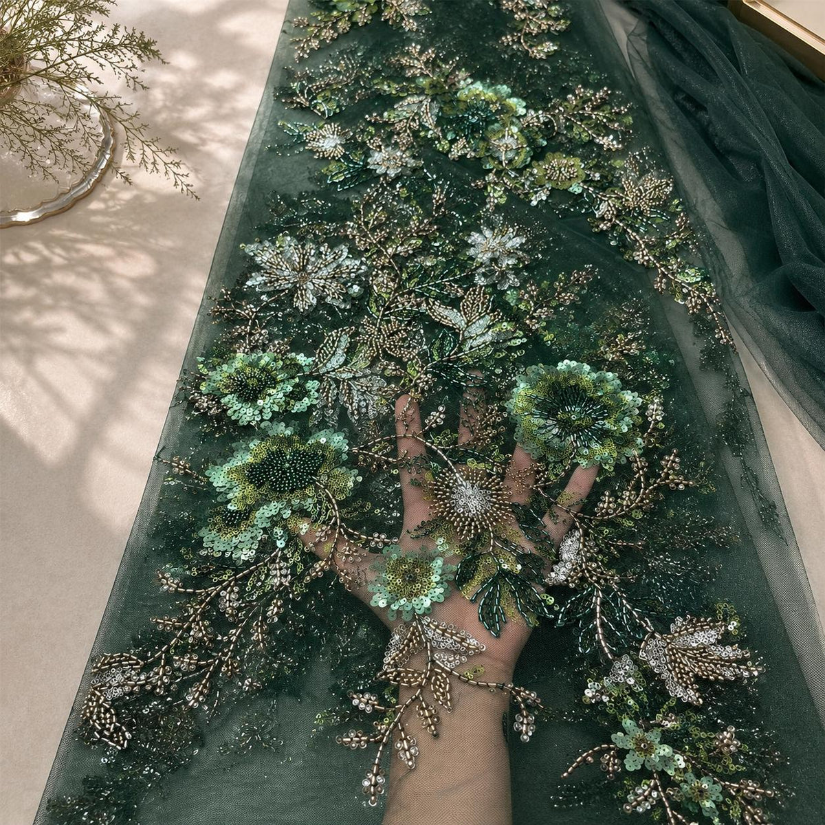 Emerald Green 3D Floral Beaded Tulle Fabric, Sequin Embroidered Lace Mesh, Luxury Bridal Wedding Dress Fabric by Yard, Couture Gown Material