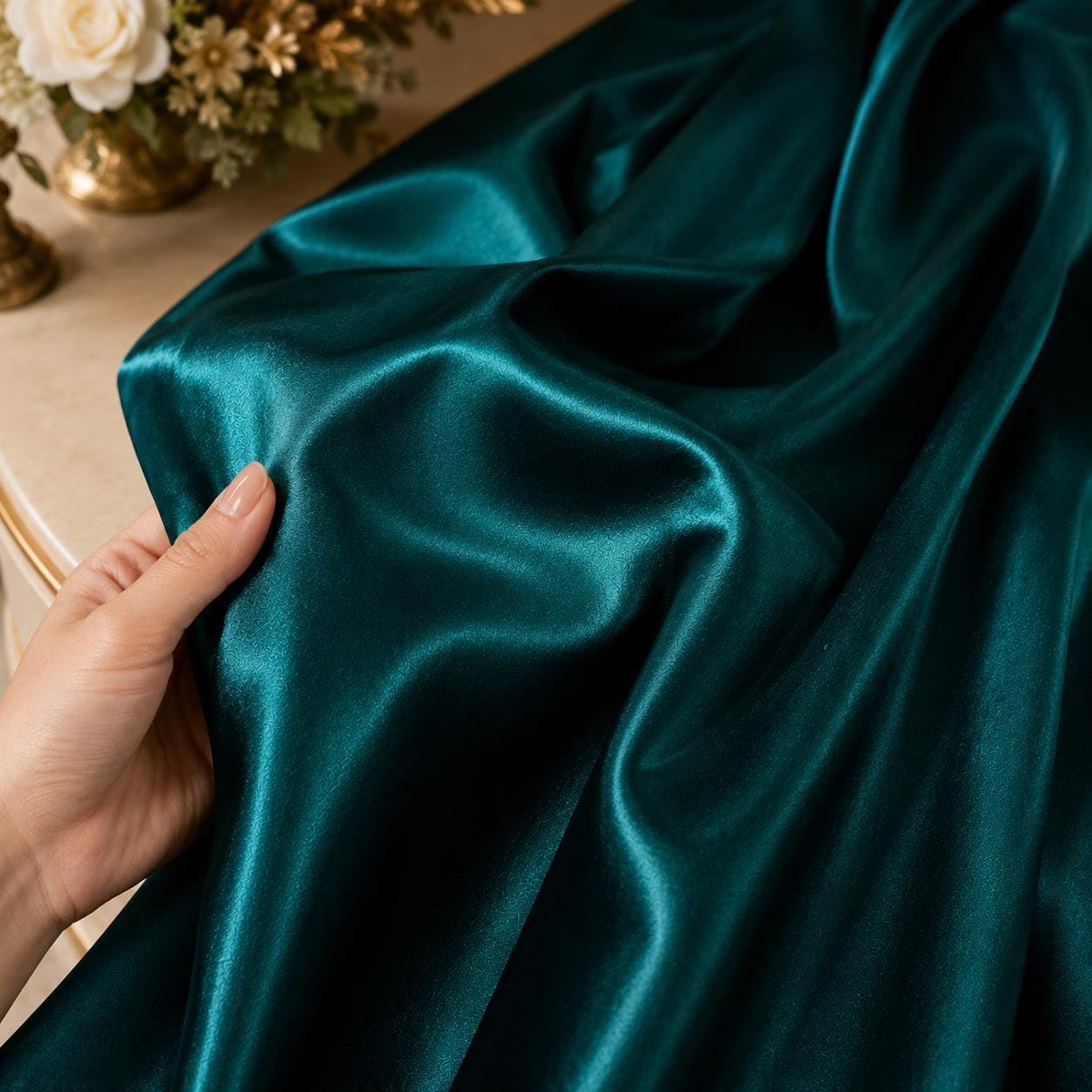 Emerald Teal Stretch Satin Fabric by the Yard