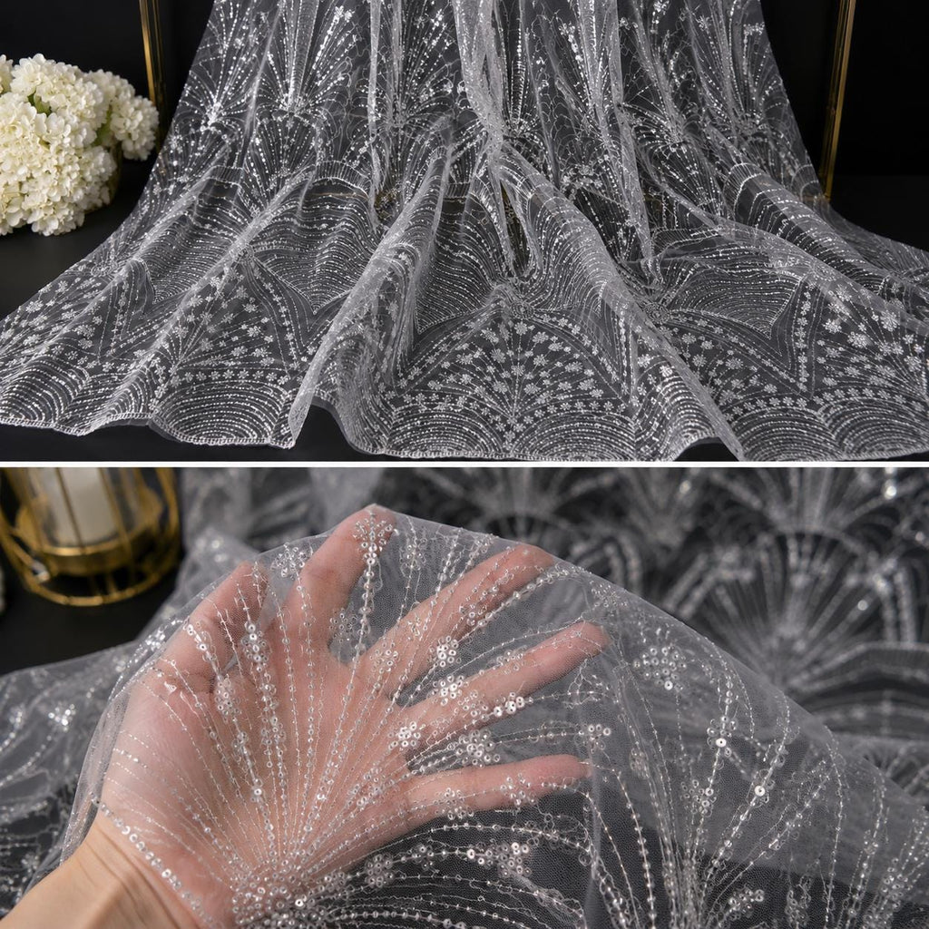 Luxury White Sequin Lace Fabric, Beaded Bridal Tulle Mesh, Couture Wedding Dress Fabric, Scalloped Embroidery Lace