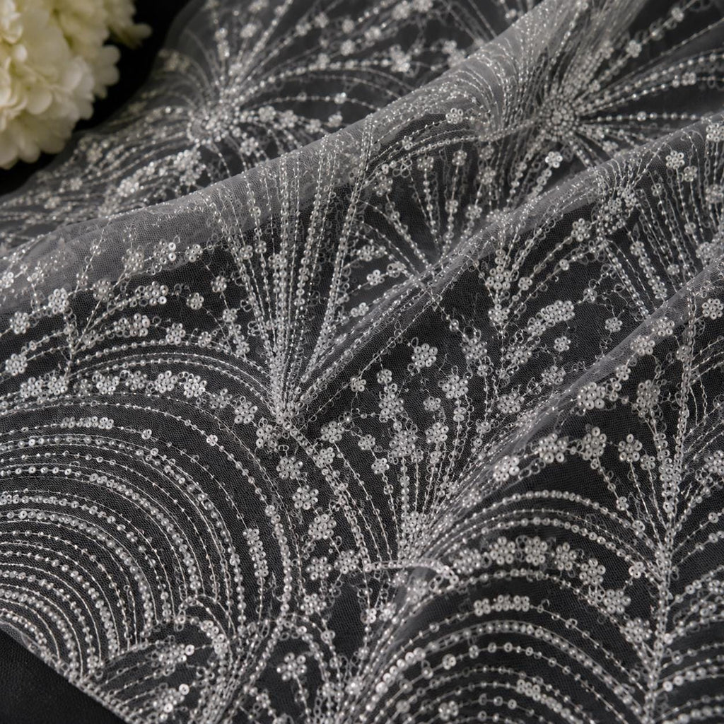 Luxury White Sequin Lace Fabric, Beaded Bridal Tulle Mesh, Couture Wedding Dress Fabric, Scalloped Embroidery Lace