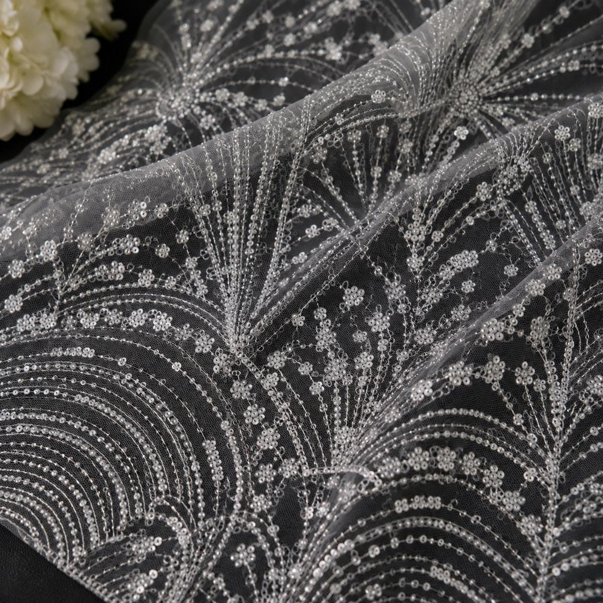 Luxury White Sequin Lace Fabric, Beaded Bridal Tulle Mesh, Couture Wedding Dress Fabric, Scalloped Embroidery Lace