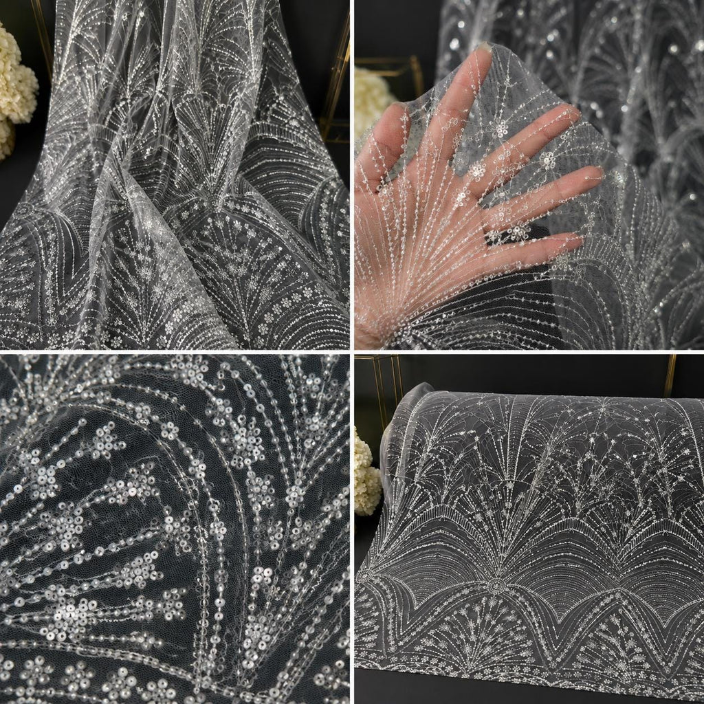 Luxury White Sequin Lace Fabric, Beaded Bridal Tulle Mesh, Couture Wedding Dress Fabric, Scalloped Embroidery Lace