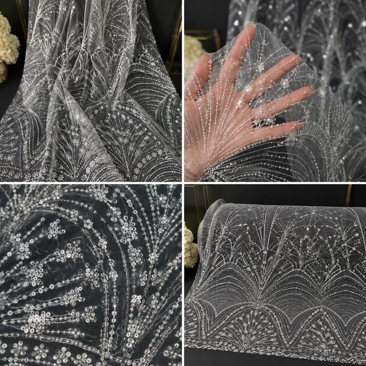 Luxury White Sequin Lace Fabric, Beaded Bridal Tulle Mesh, Couture Wedding Dress Fabric, Scalloped Embroidery Lace