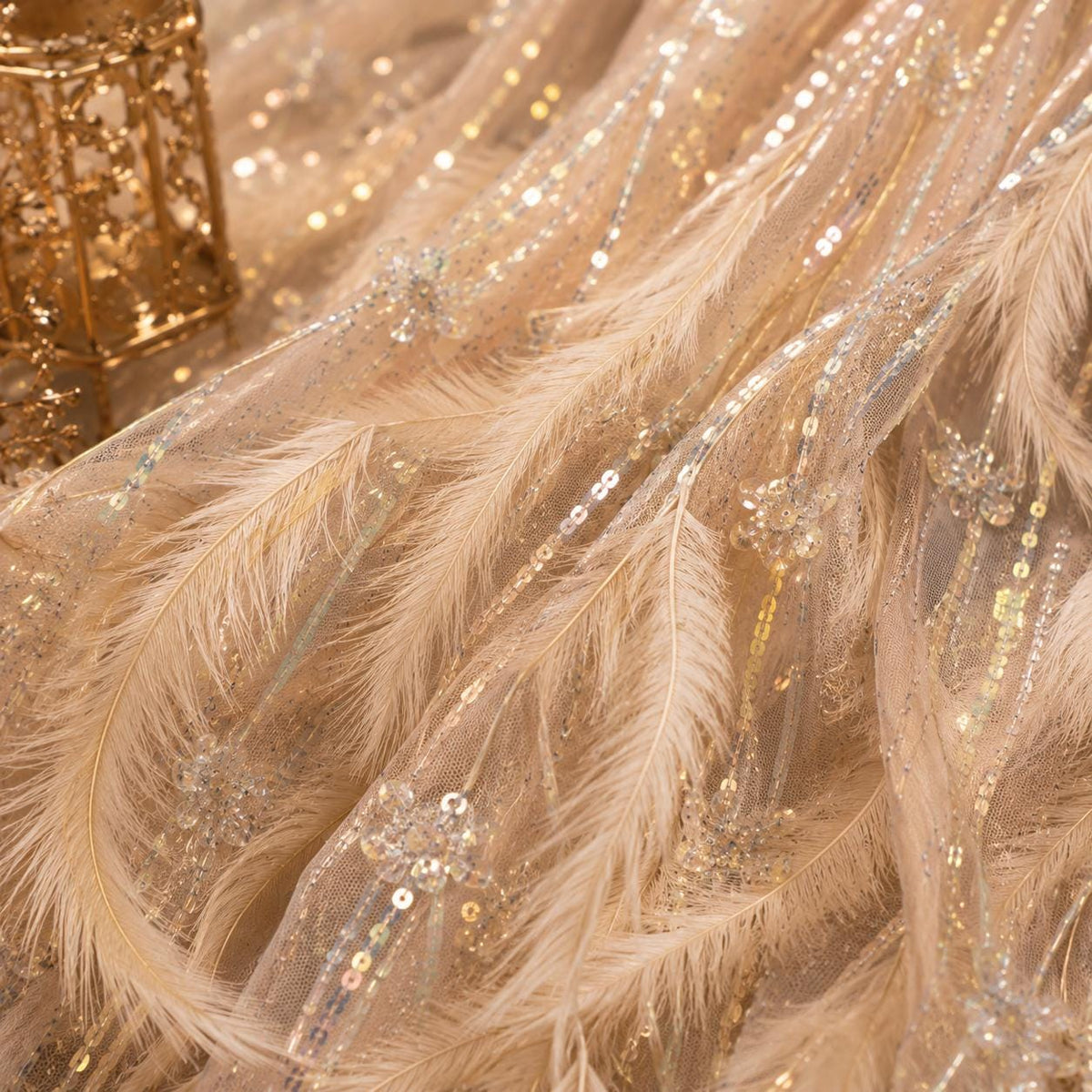 Luxury Feather Sequin Fabric By The Yard, Haute Couture Pageant Dress Fabric, Heavy Beaded Prom Gown Fabric, Fashion Show Tulle