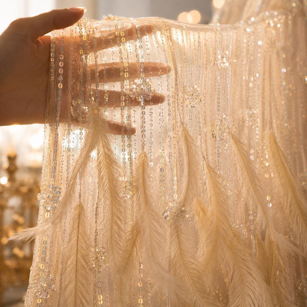 Luxury Feather Sequin Fabric By The Yard, Haute Couture Pageant Dress Fabric, Heavy Beaded Prom Gown Fabric, Fashion Show Tulle