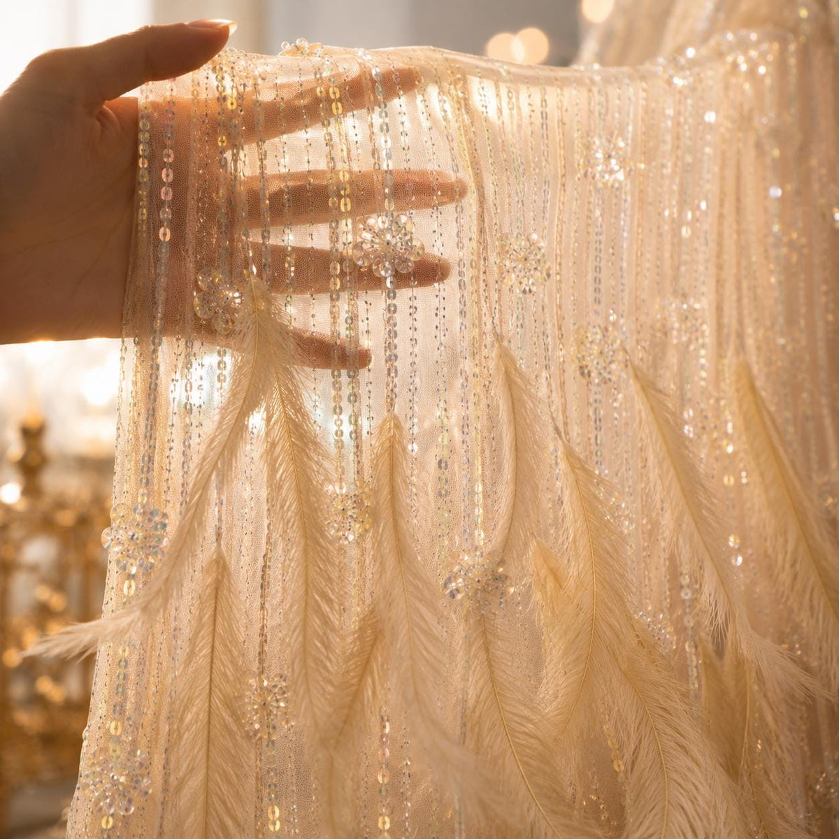 Luxury Feather Sequin Fabric By The Yard, Haute Couture Pageant Dress Fabric, Heavy Beaded Prom Gown Fabric, Fashion Show Tulle
