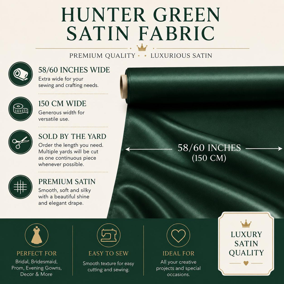 Green Satin Fabric by the Yard for Dresses & Decor